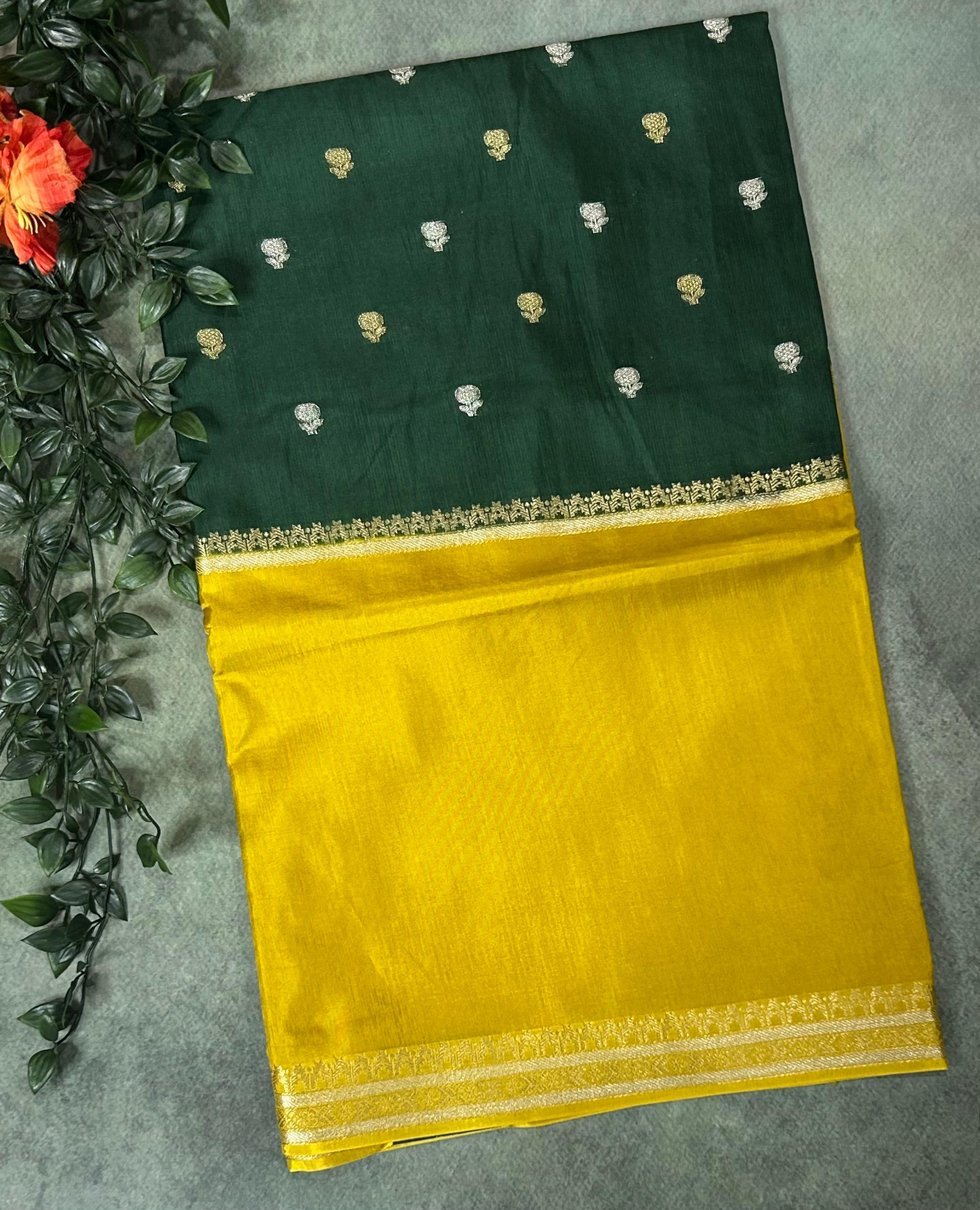 Bottle green n yellow Elegant Semi Mysore-09 Silk Saree with Beautiful Zari Border