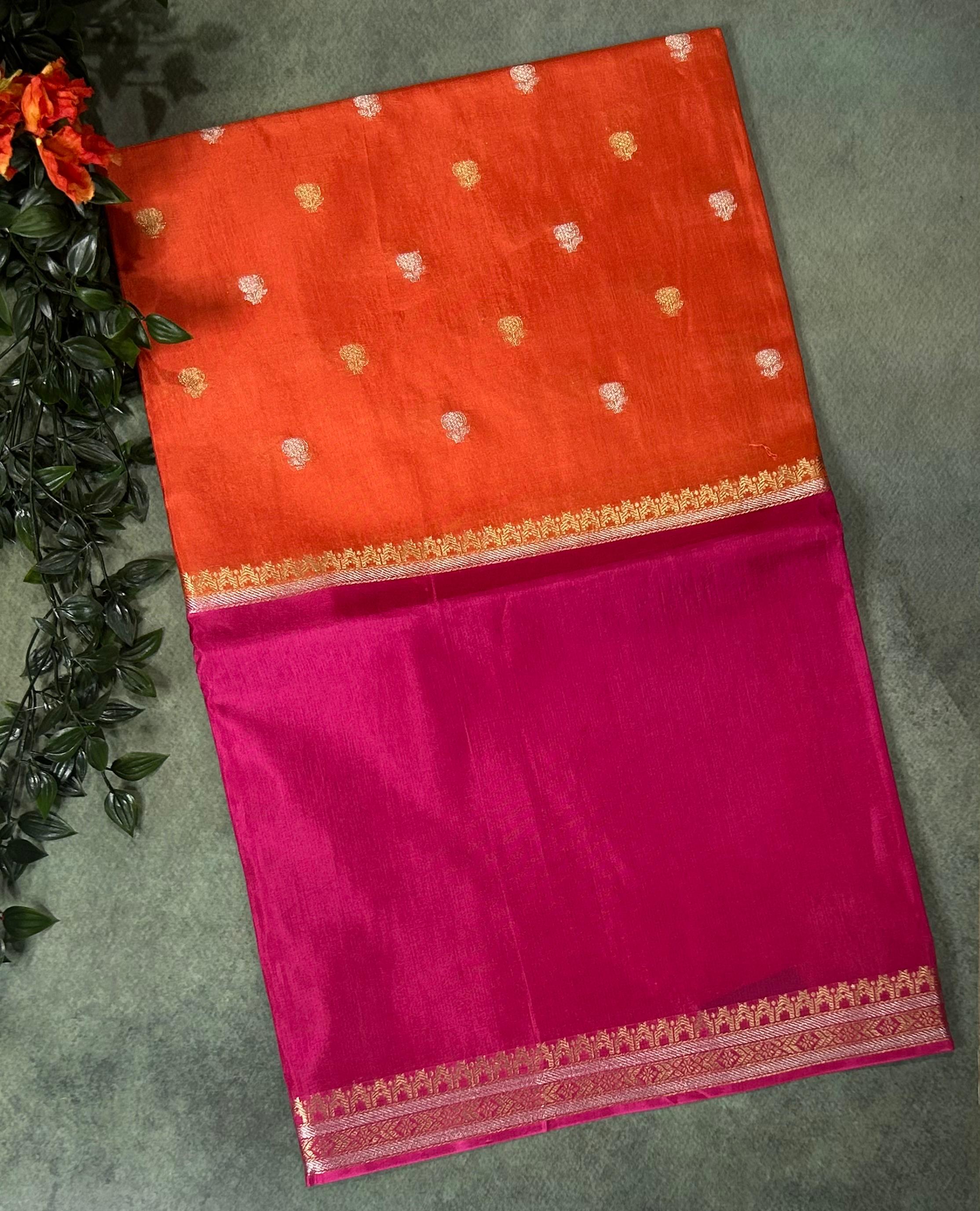 Orange n pink Elegant Semi Mysore-09 Silk Saree with Beautiful Zari Border