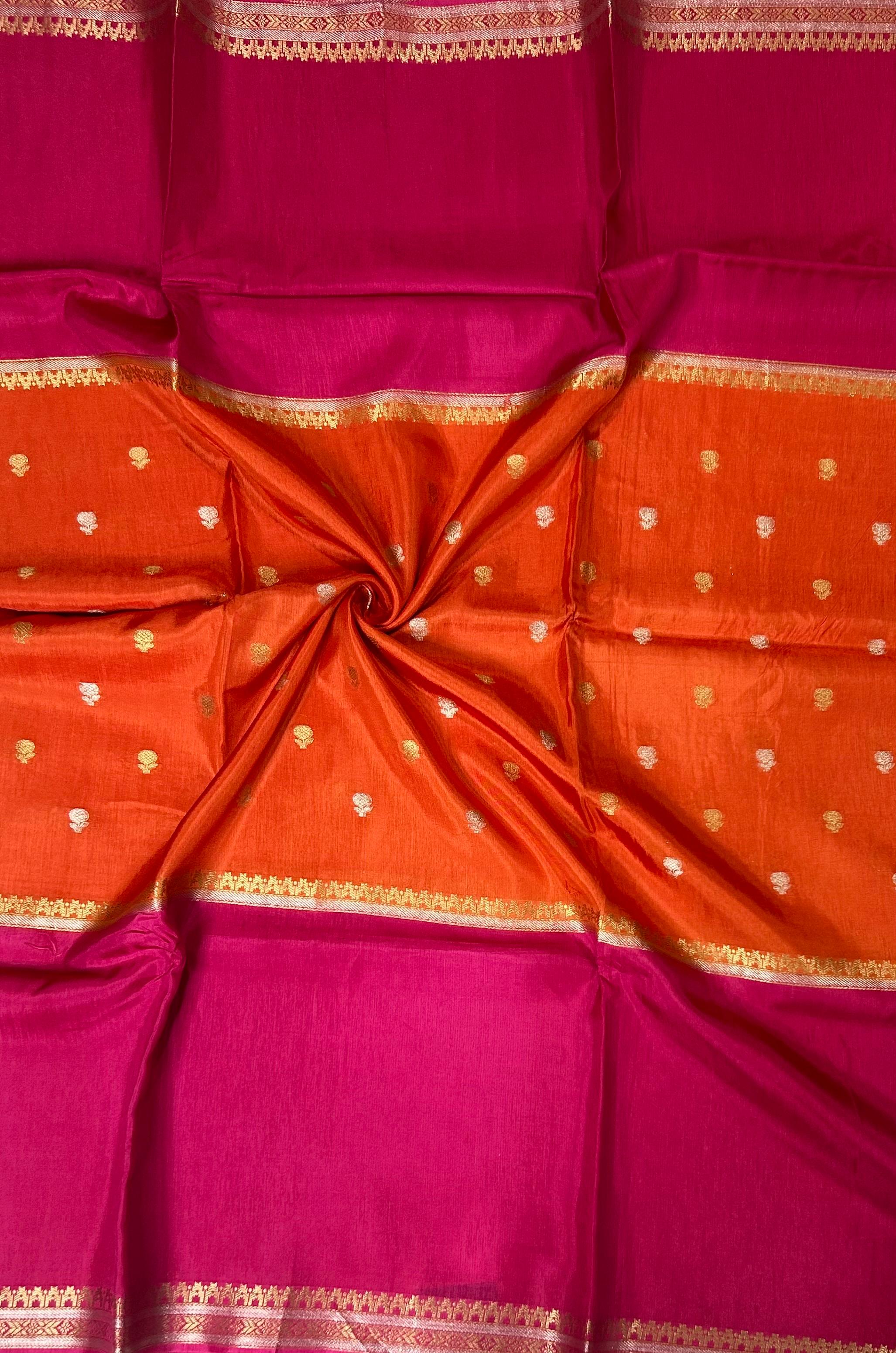 Orange n pink Elegant Semi Mysore-09 Silk Saree with Beautiful Zari Border