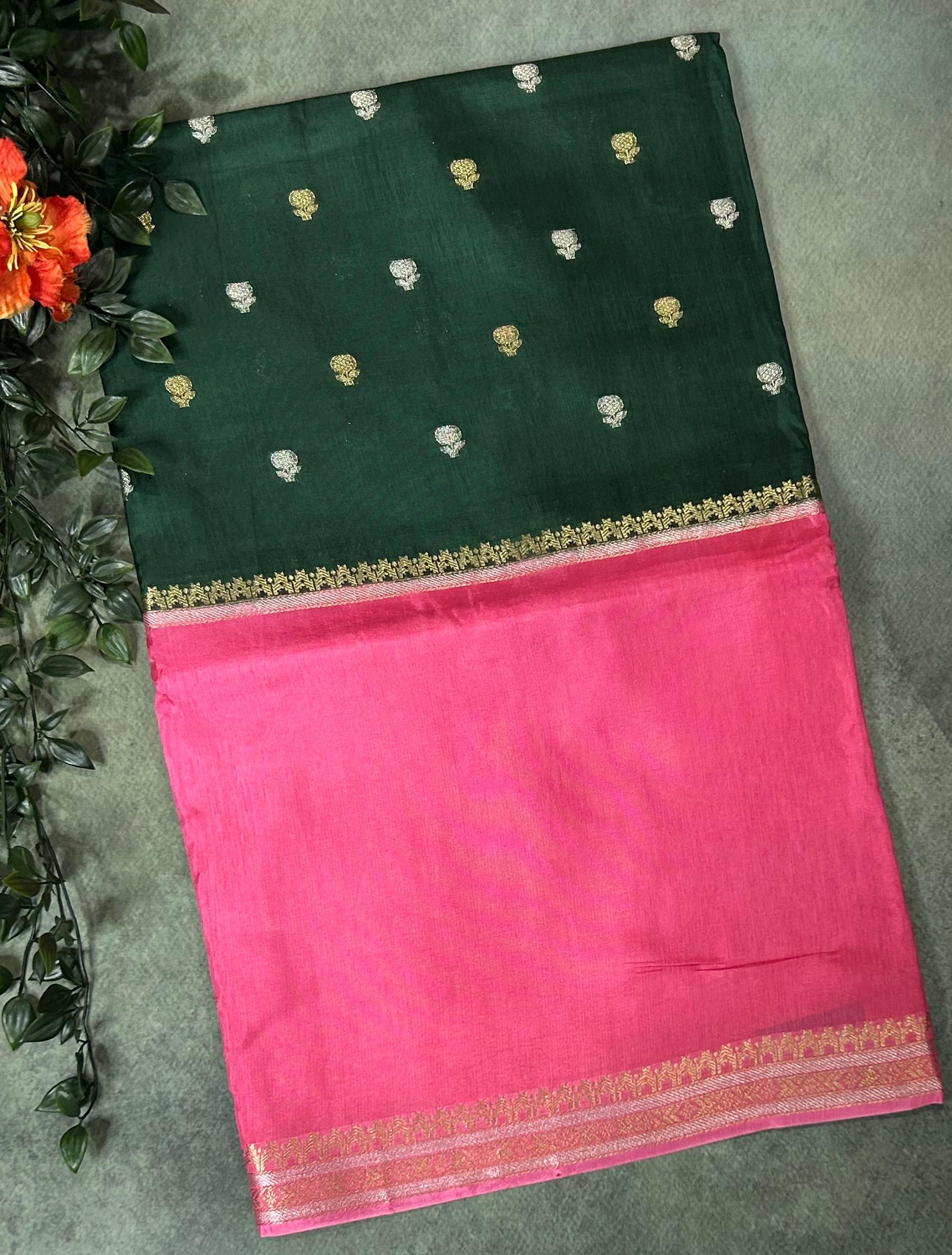 Bottle green n pink Elegant Semi Mysore-09 Silk Saree with Beautiful Zari Border