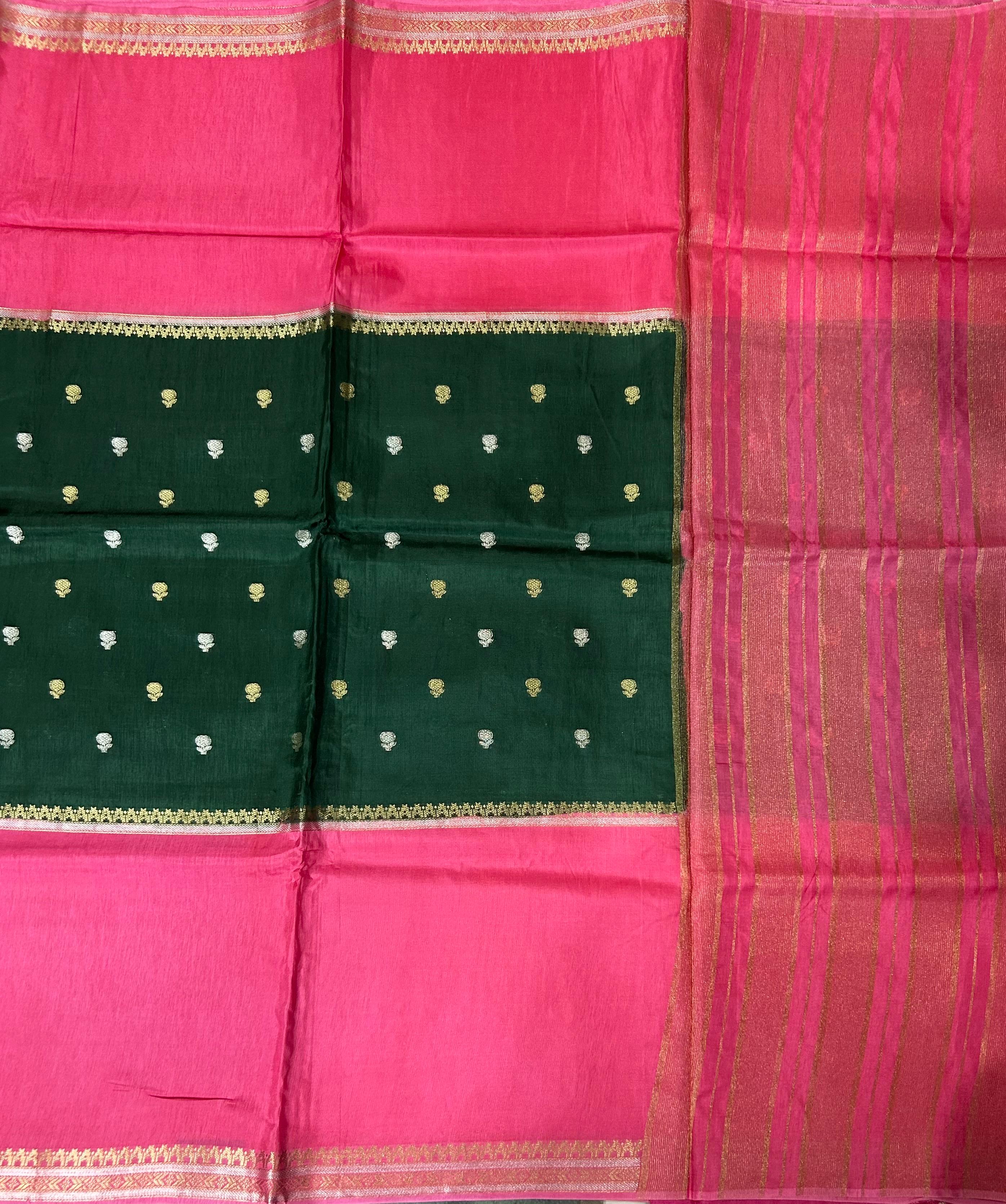 Bottle green n pink Elegant Semi Mysore-09 Silk Saree with Beautiful Zari Border
