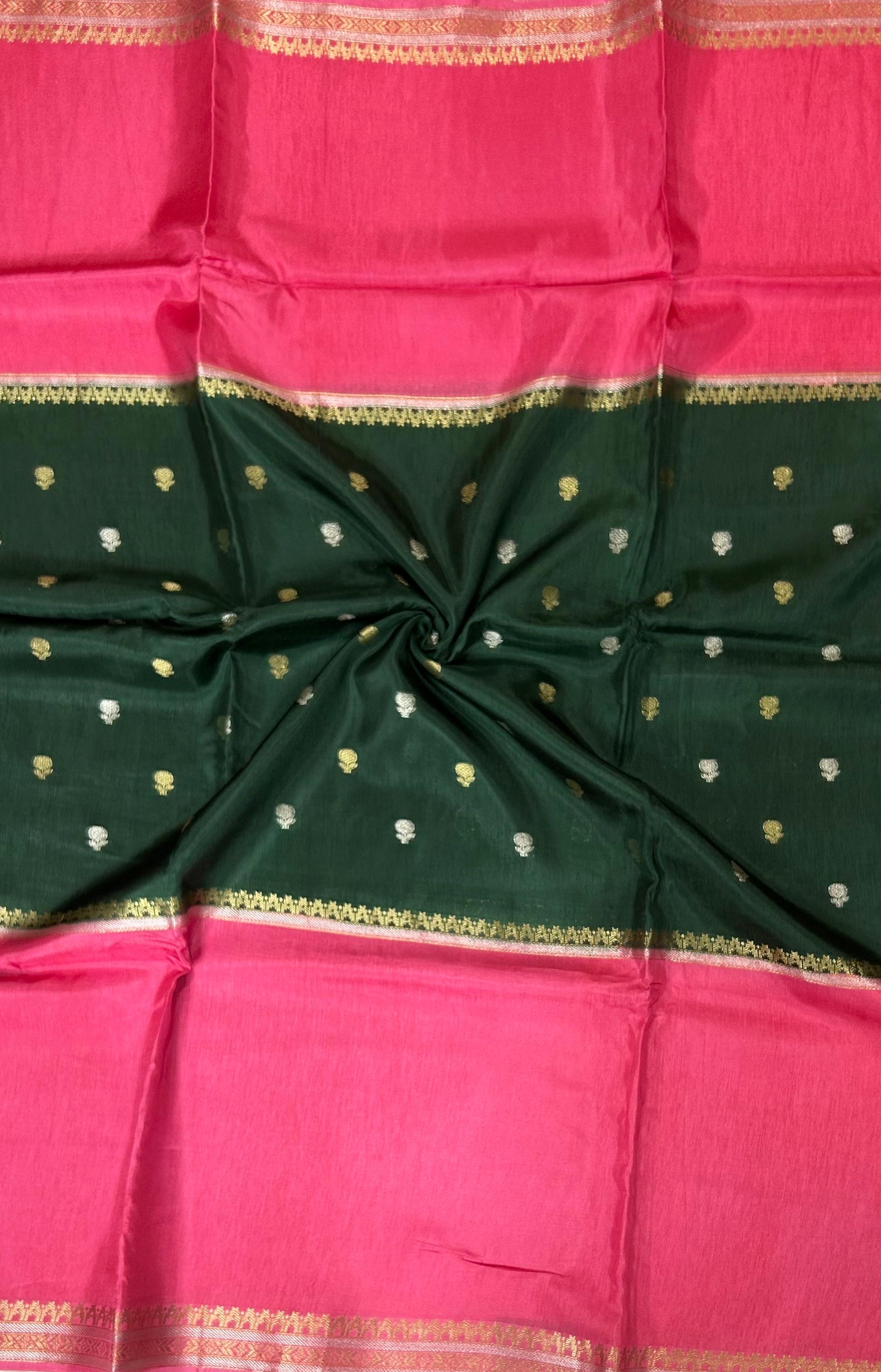 Bottle green n pink Elegant Semi Mysore-09 Silk Saree with Beautiful Zari Border