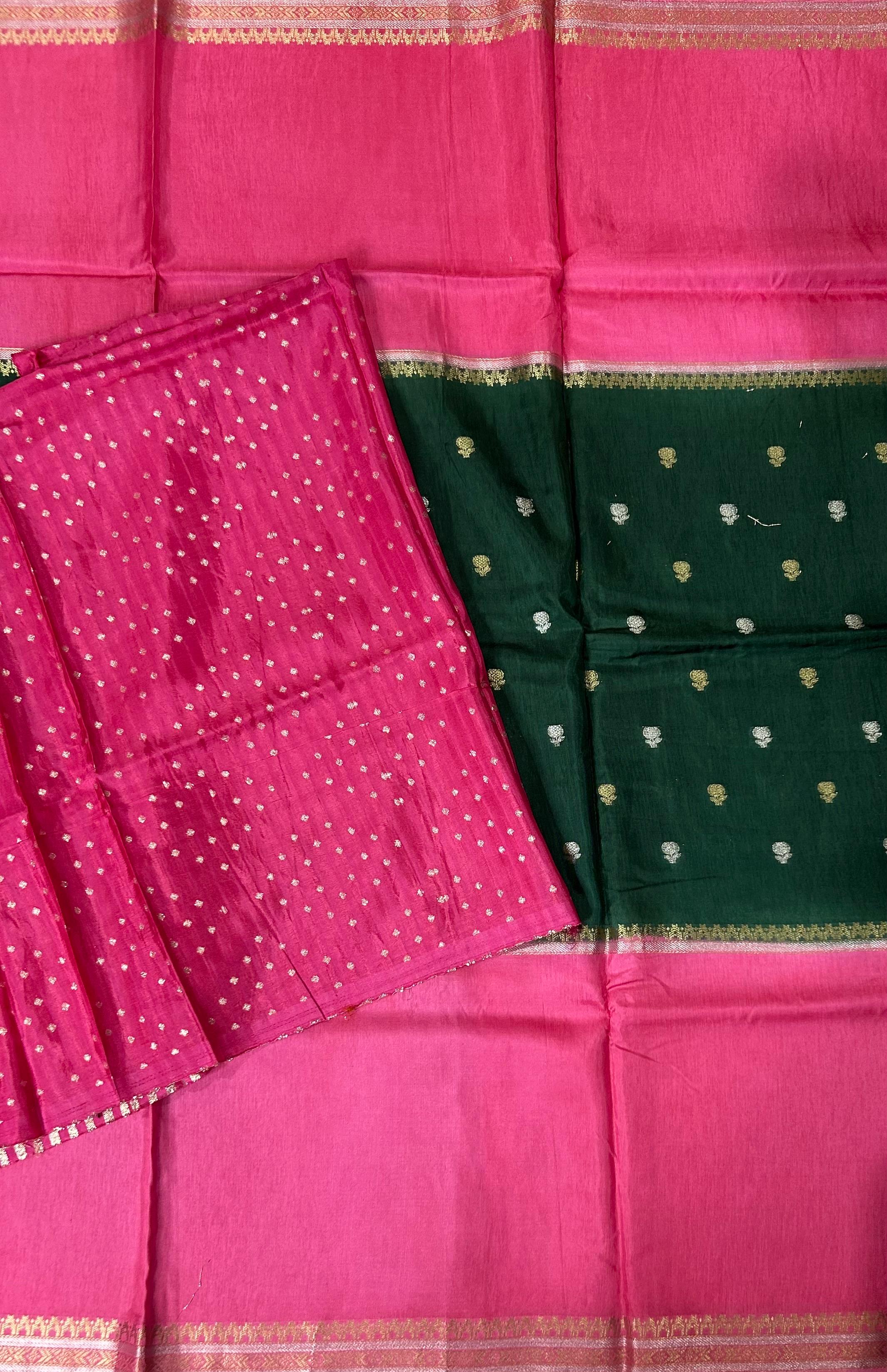 Bottle green n pink Elegant Semi Mysore-09 Silk Saree with Beautiful Zari Border