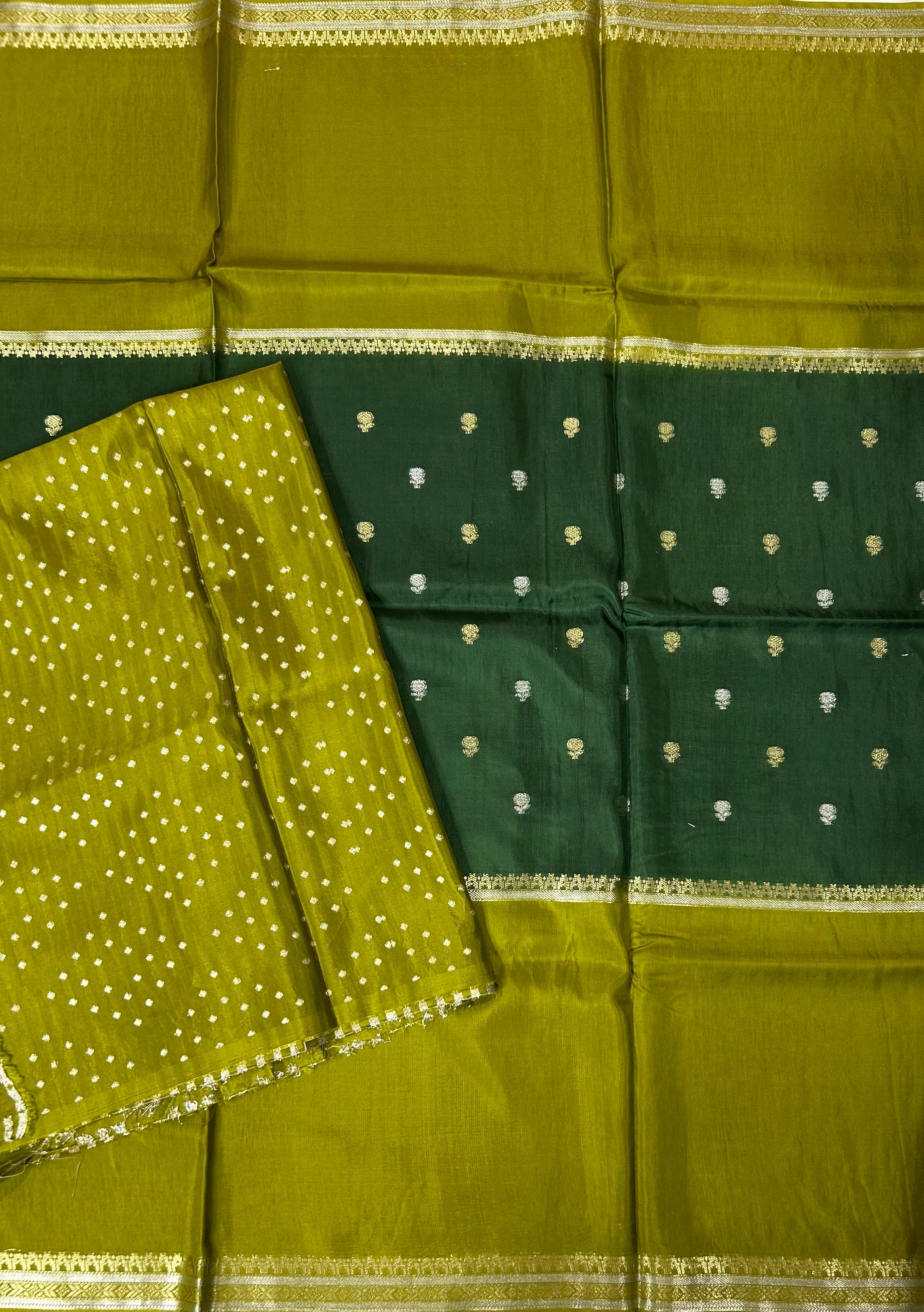 Bottle green n olive green Elegant Semi Mysore-09 Silk Saree with Beautiful Zari Border