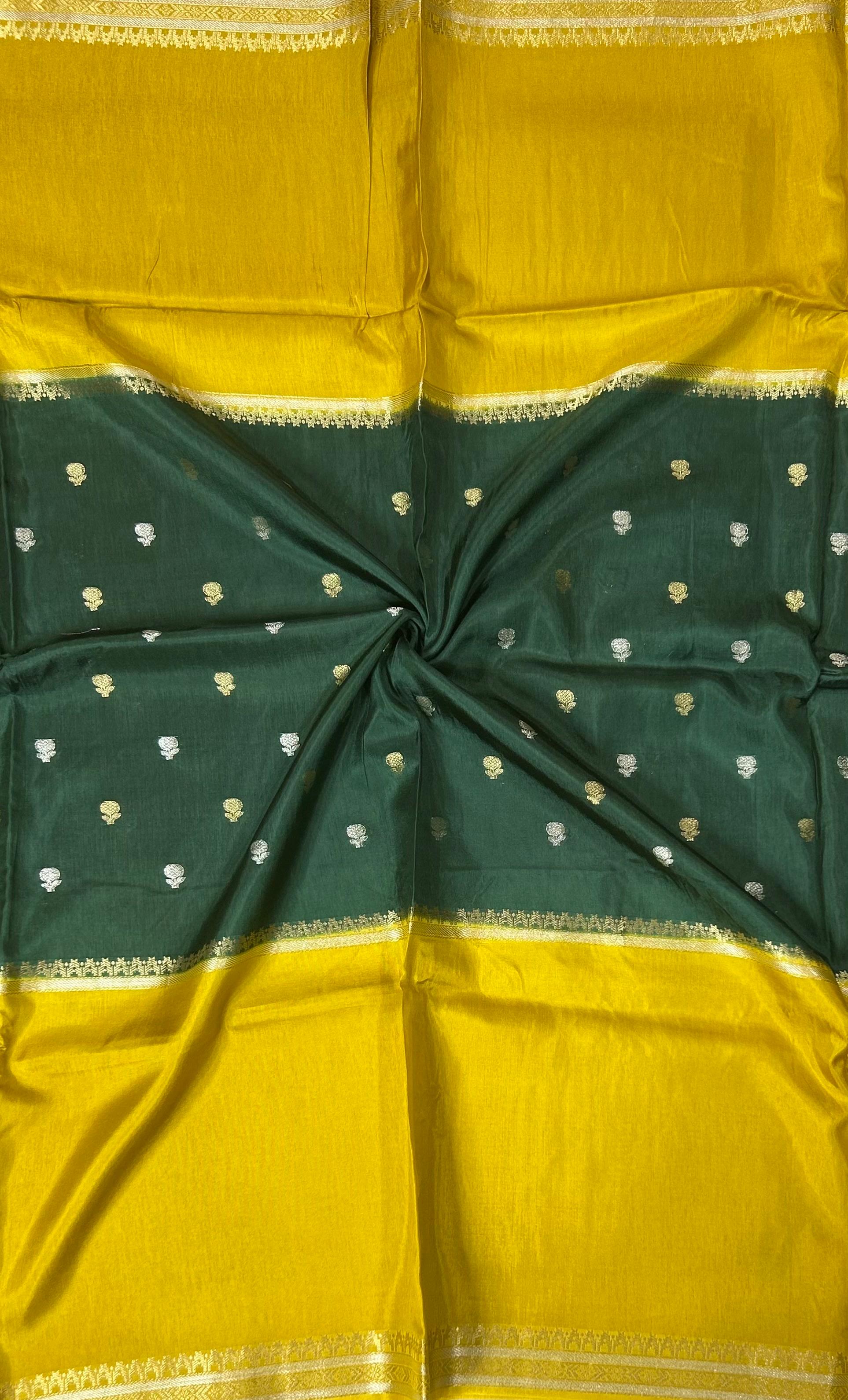 Bottle green n yellow Elegant Semi Mysore-09 Silk Saree with Beautiful Zari Border