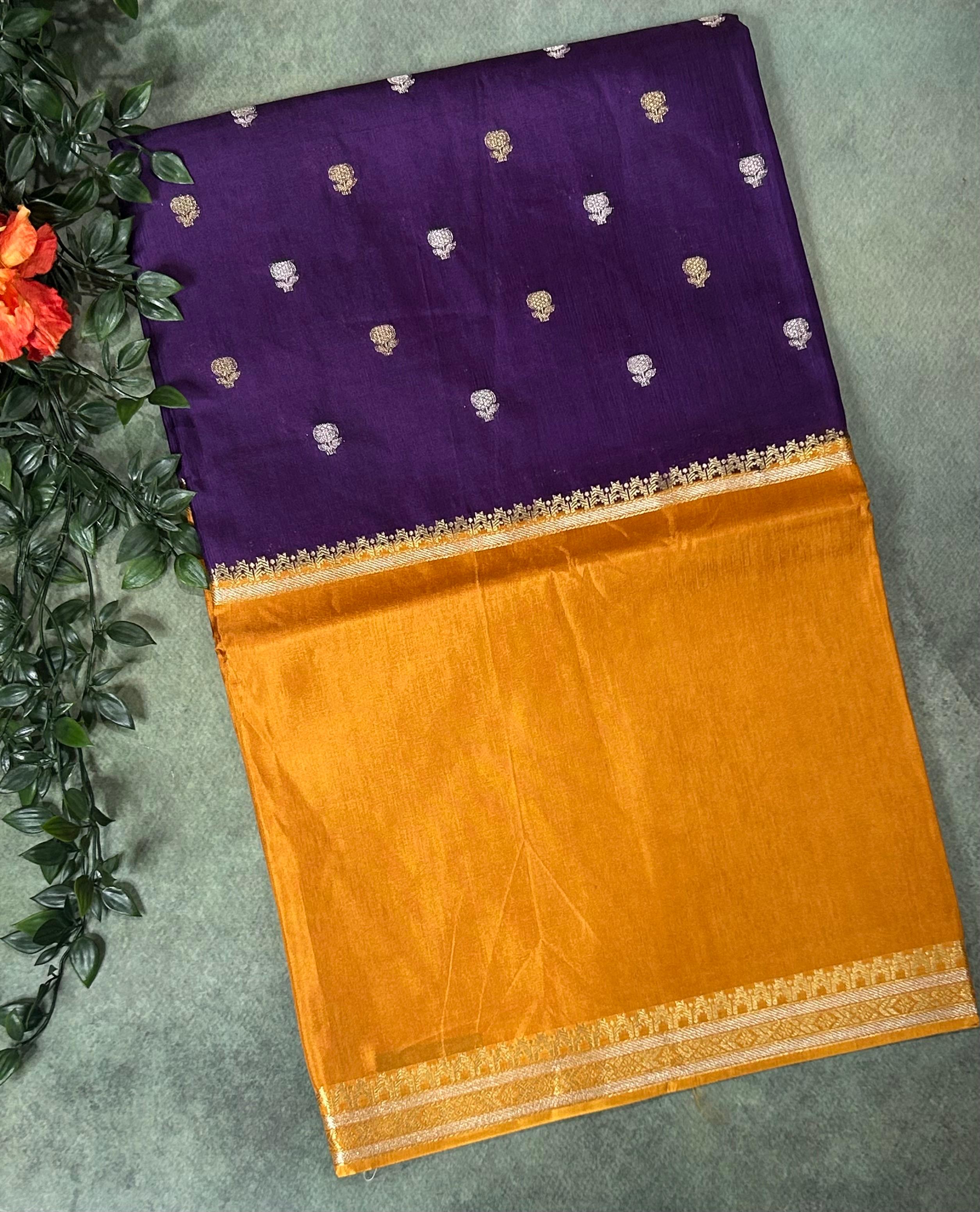 Purple n light orange Elegant Semi Mysore-09 Silk Saree with Beautiful Zari Border