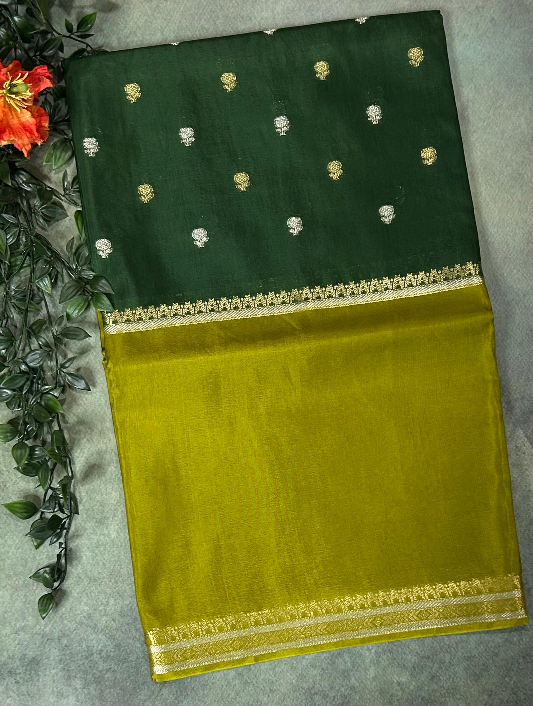 Bottle green n olive green Elegant Semi Mysore-09 Silk Saree with Beautiful Zari Border
