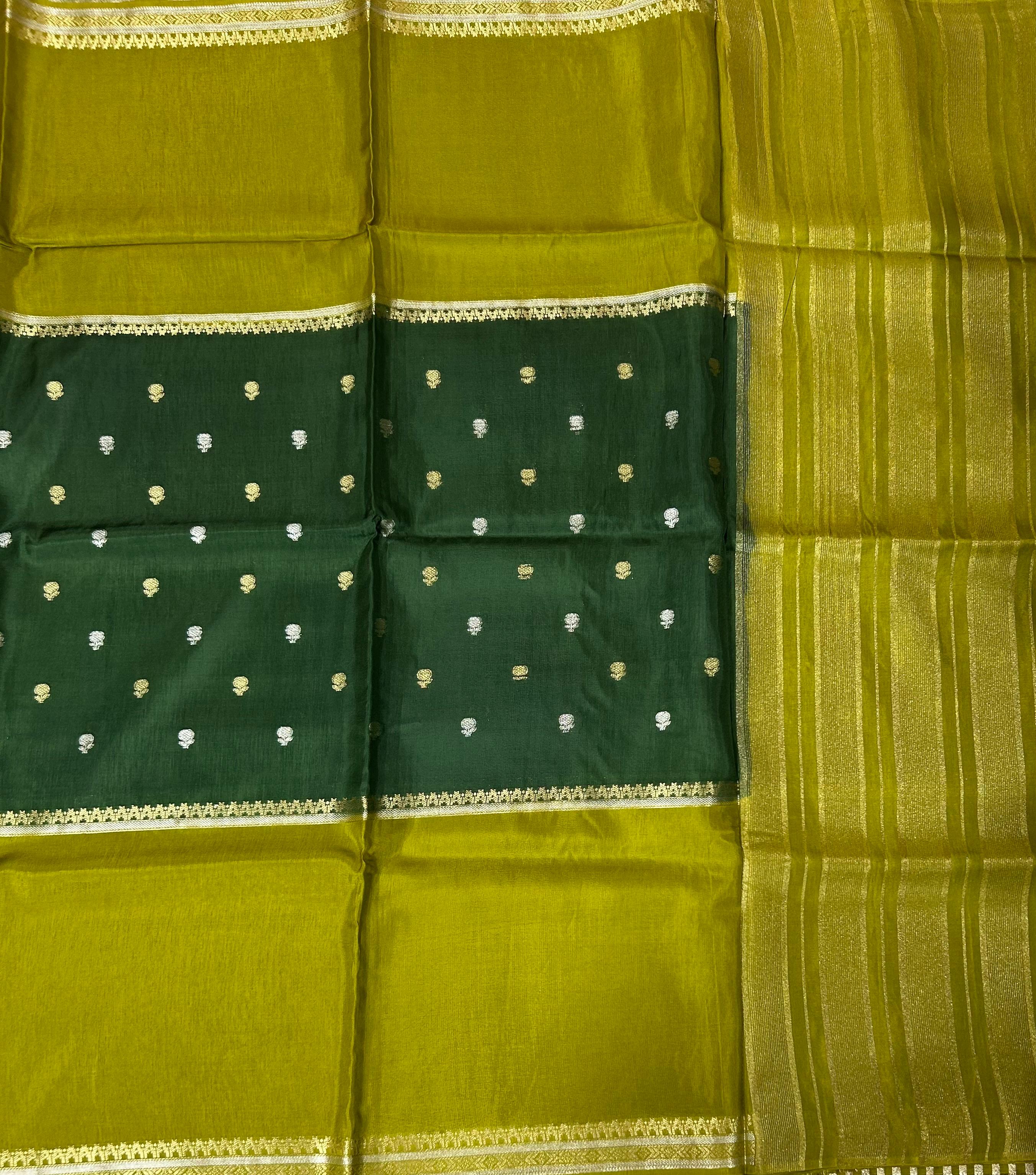 Bottle green n olive green Elegant Semi Mysore-09 Silk Saree with Beautiful Zari Border