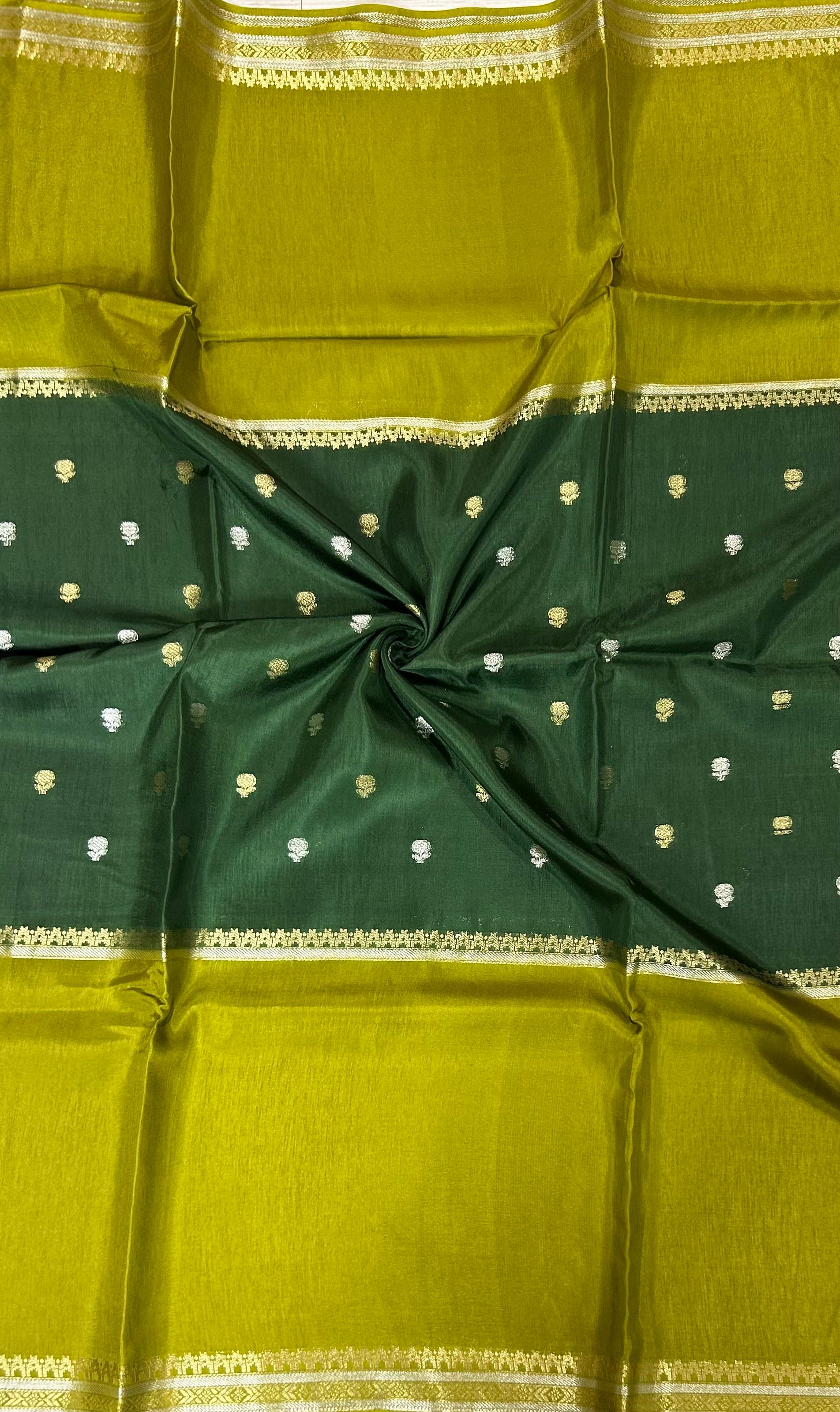 Bottle green n olive green Elegant Semi Mysore-09 Silk Saree with Beautiful Zari Border