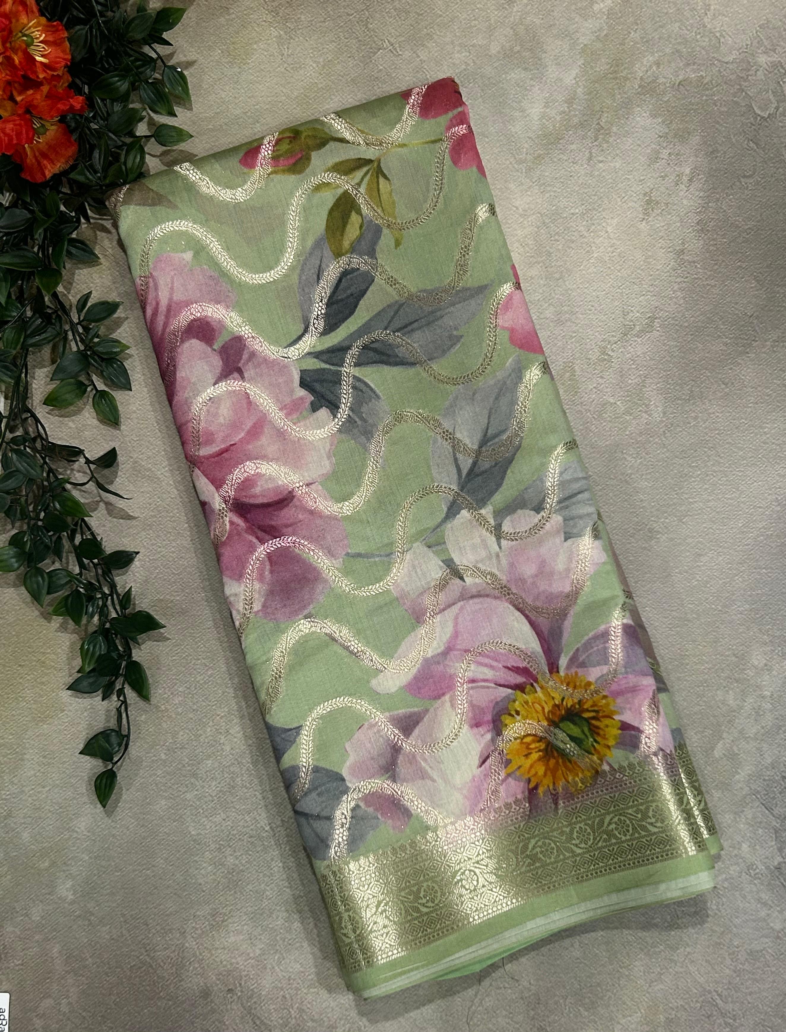 Pastel green Elegant Pure Chiniya Silk Digital Print Saree with Rich Pallu and Blouse Piece