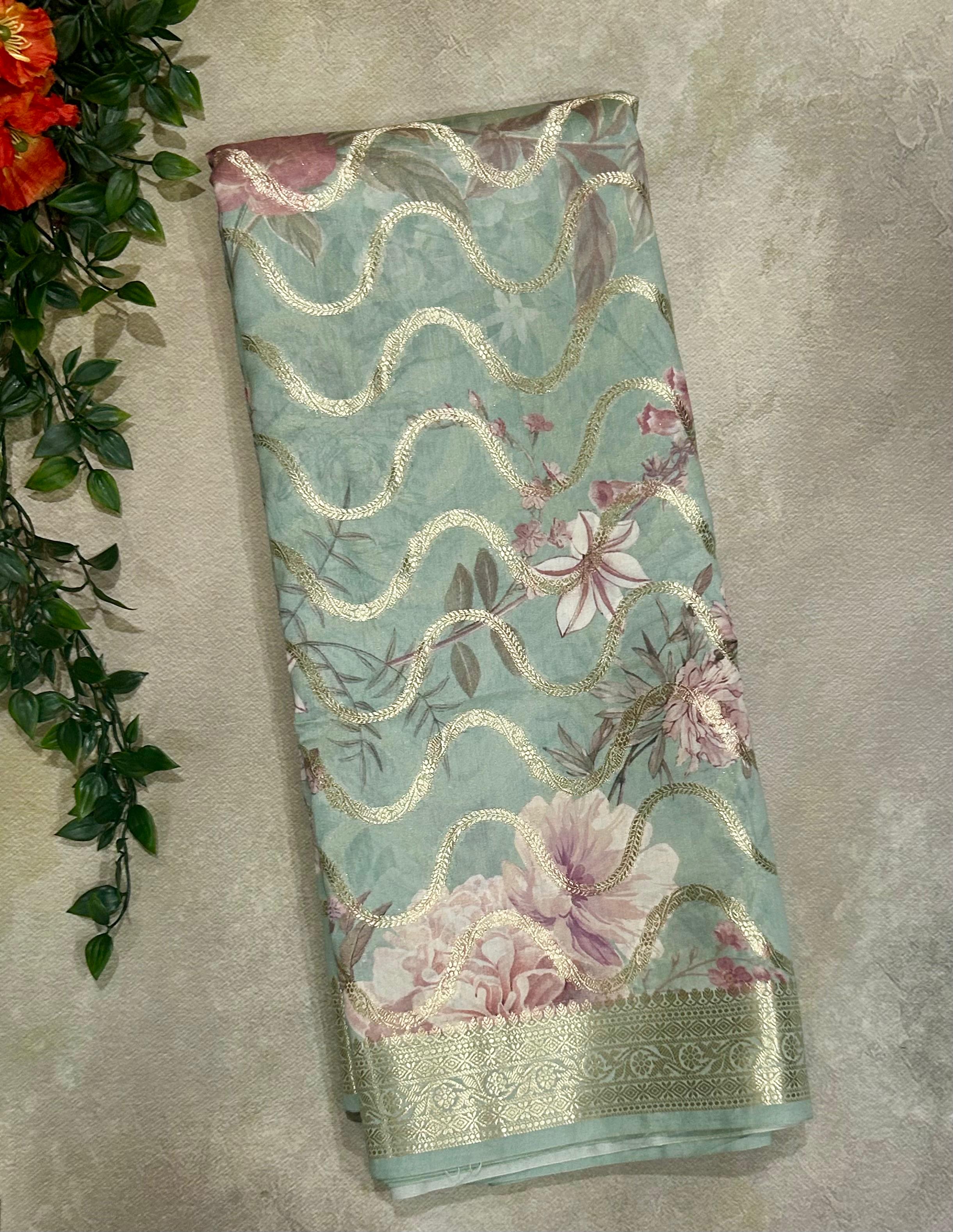 Sea green Elegant Pure Chiniya Silk Digital Print Saree with Rich Pallu and Blouse Piece