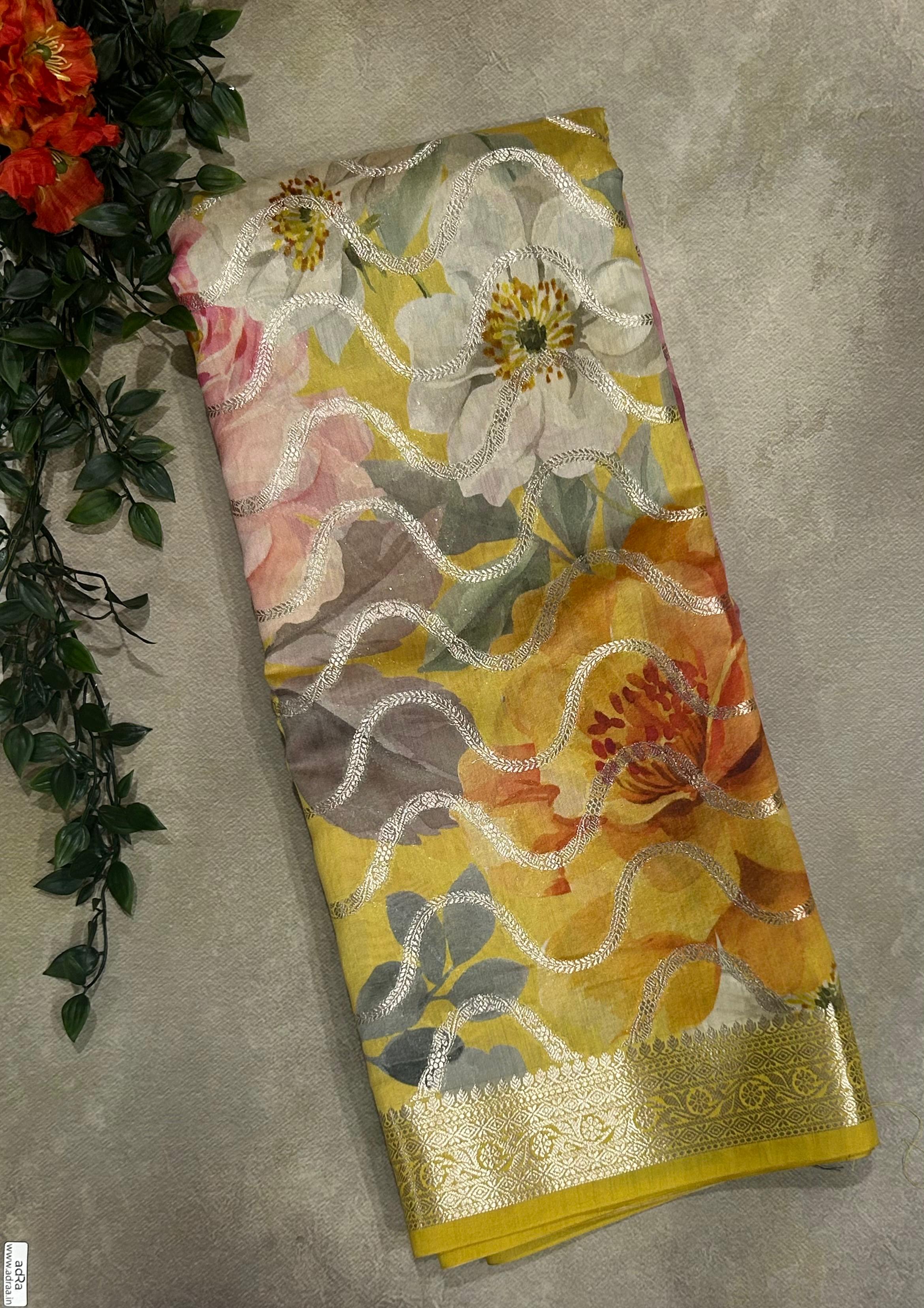 Pastel yellow Elegant Pure Chiniya Silk Digital Print Saree with Rich Pallu and Blouse Piece