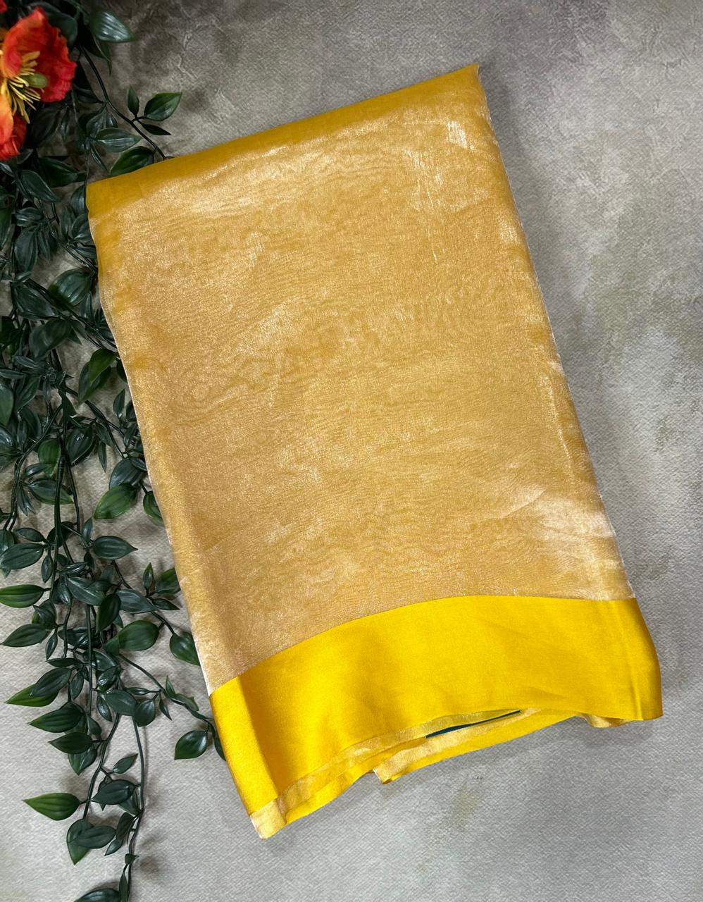 Yellow Lightweight Pure Tissue Satin Border Saree