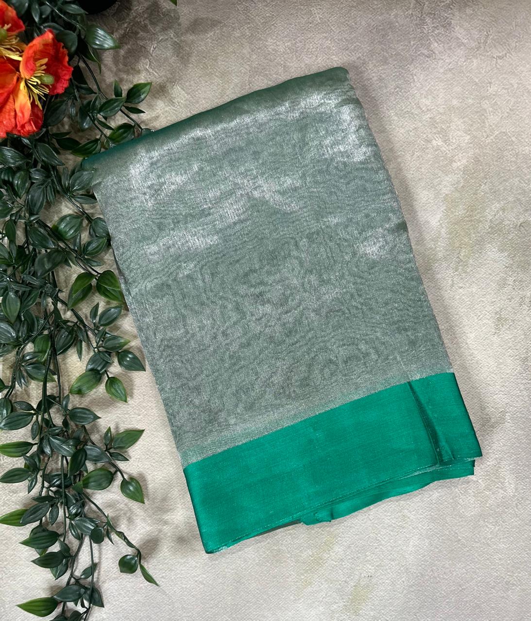 Dark green Lightweight Pure Tissue Satin Border Saree