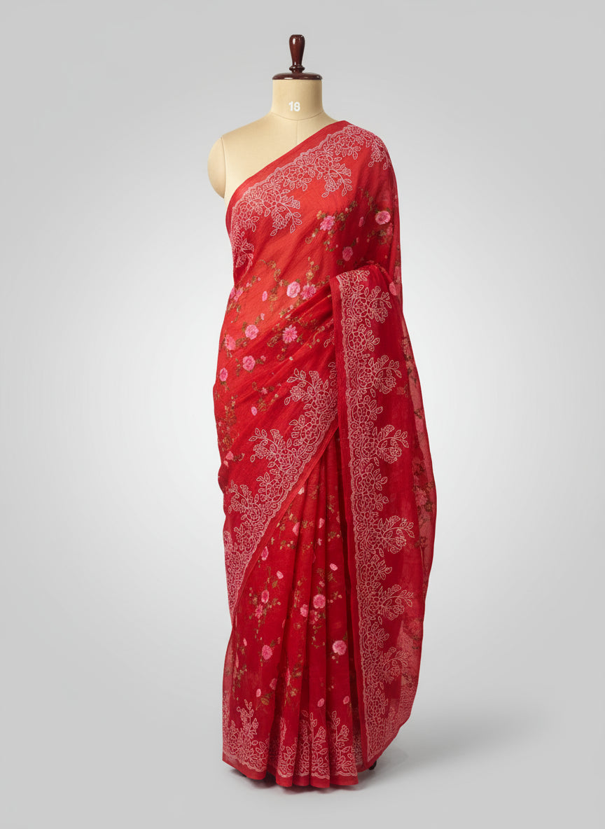 Red Premium Pure Organza Allover Embroidery work-09 Saree