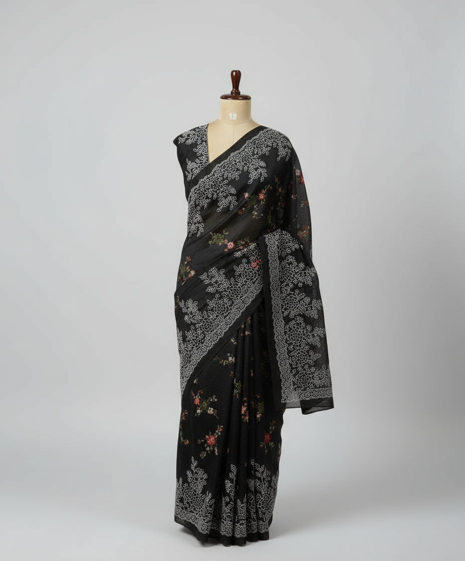 Black Premium Pure Organza Allover Embroidery work-09 Saree