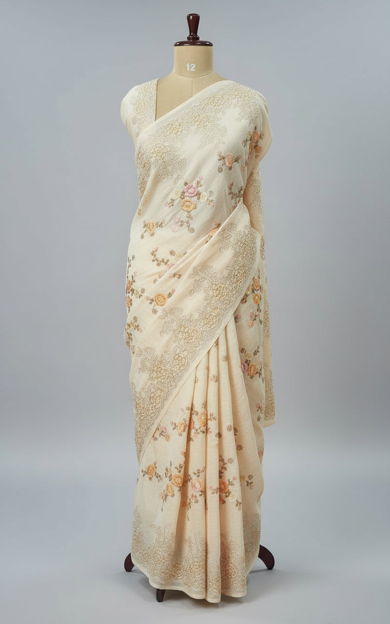 Cream Premium Pure Organza Allover Embroidery work-09 Saree
