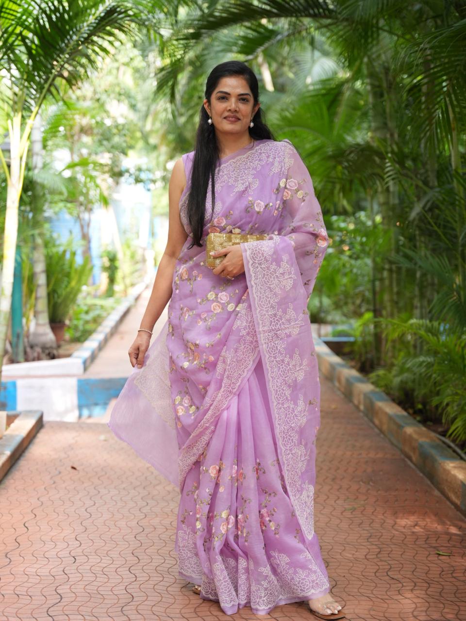 Lilac Premium Pure Organza Allover Embroidery work-09 Saree