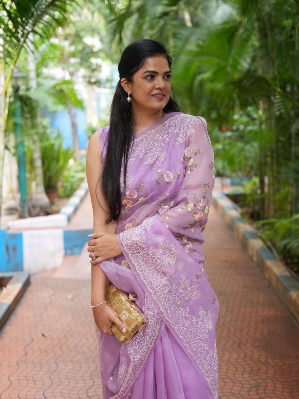 Lilac Premium Pure Organza Allover Embroidery work-09 Saree