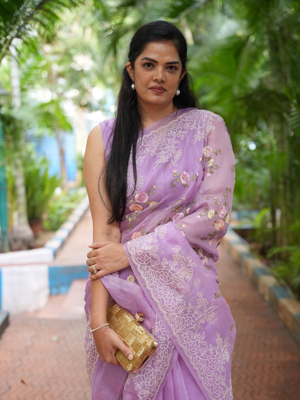 Lilac Premium Pure Organza Allover Embroidery work-09 Saree