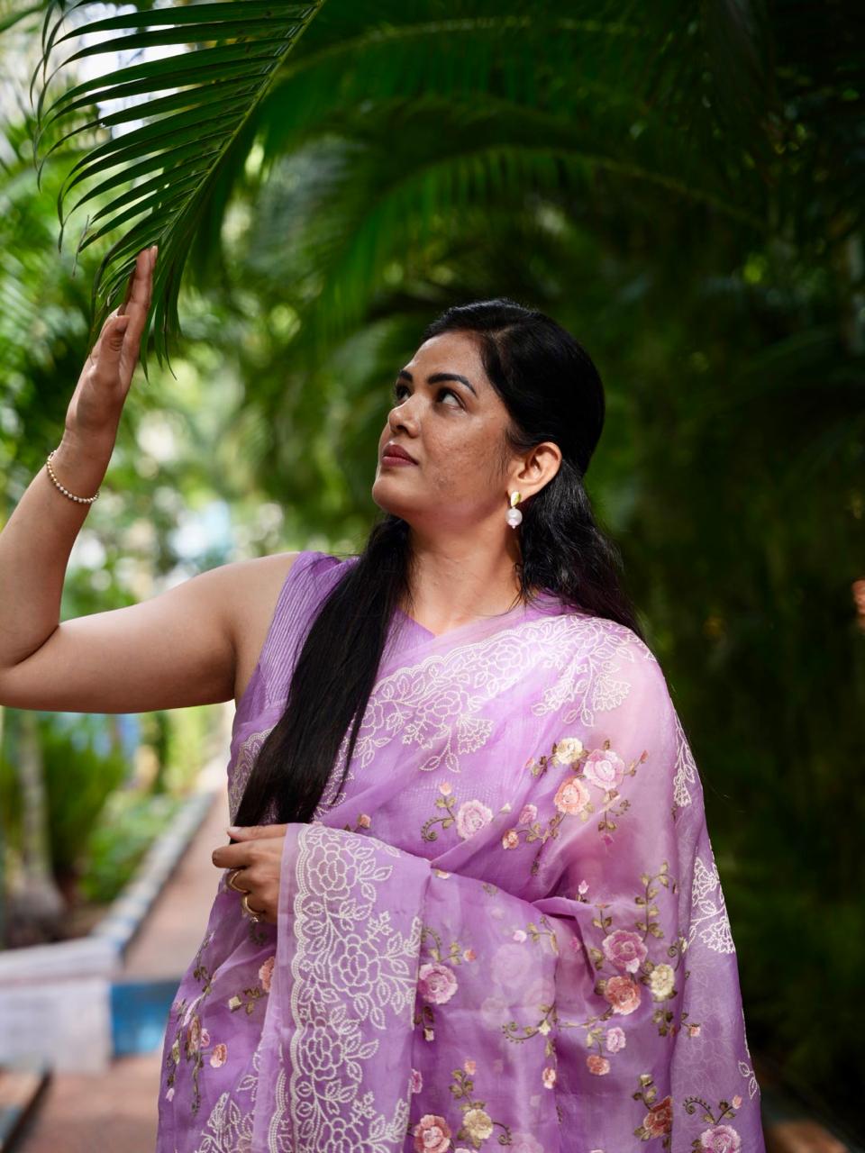 Lilac Premium Pure Organza Allover Embroidery work-09 Saree