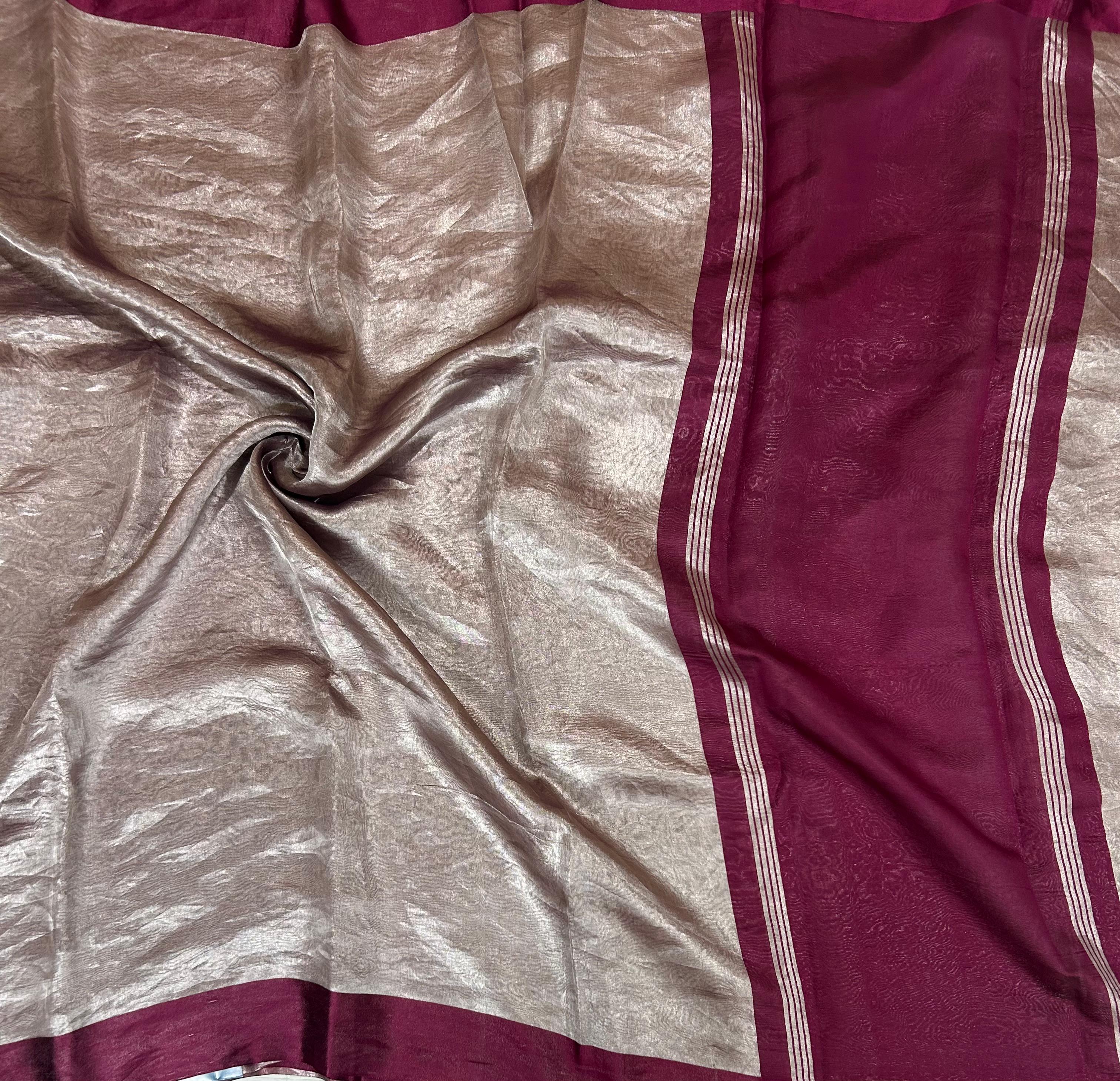 Wine Lightweight Pure Tissue Satin Border Saree