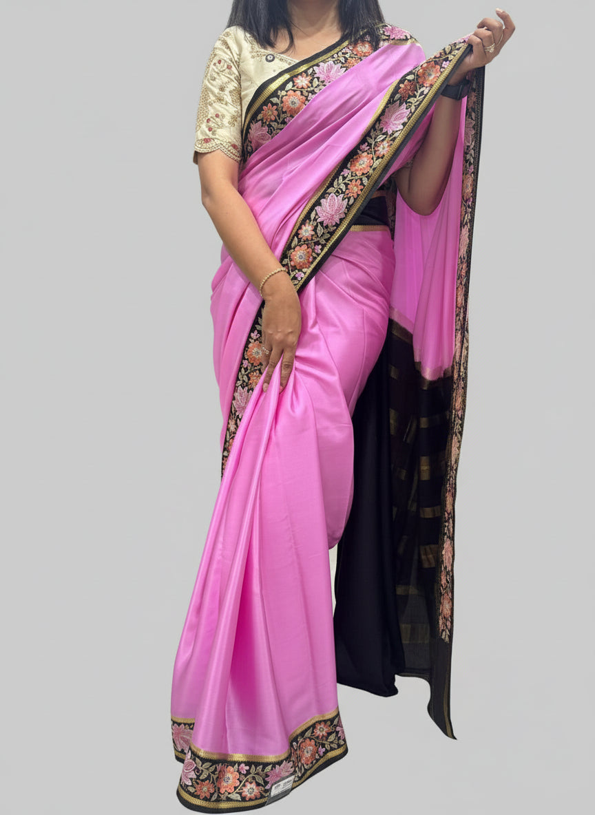 Pink black embroidered contrast pure mysore crepe silk saree