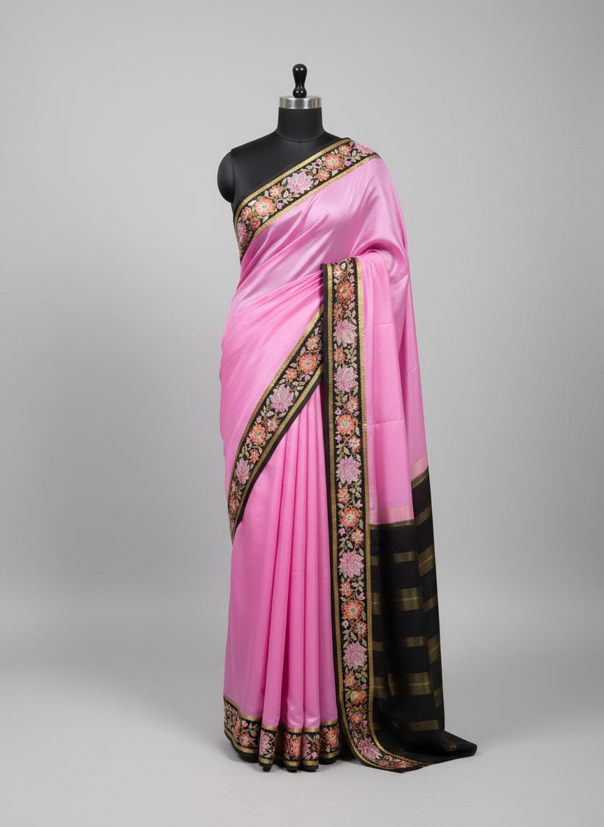 Pink black embroidered contrast pure mysore crepe silk saree
