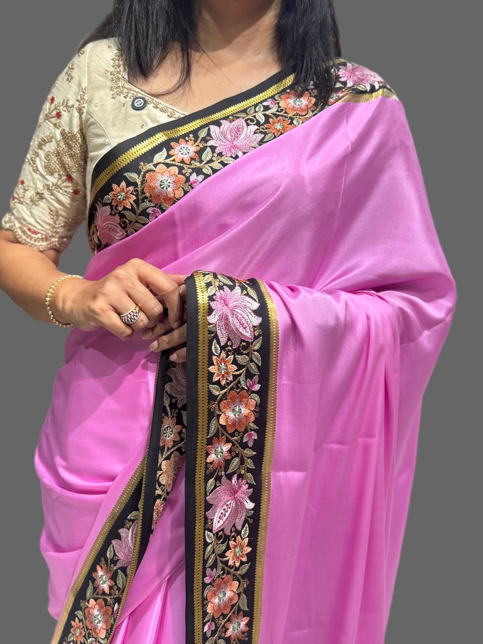 Pink black embroidered contrast pure mysore crepe silk saree