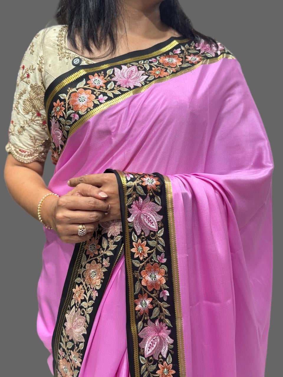 Pink black embroidered contrast pure mysore crepe silk saree