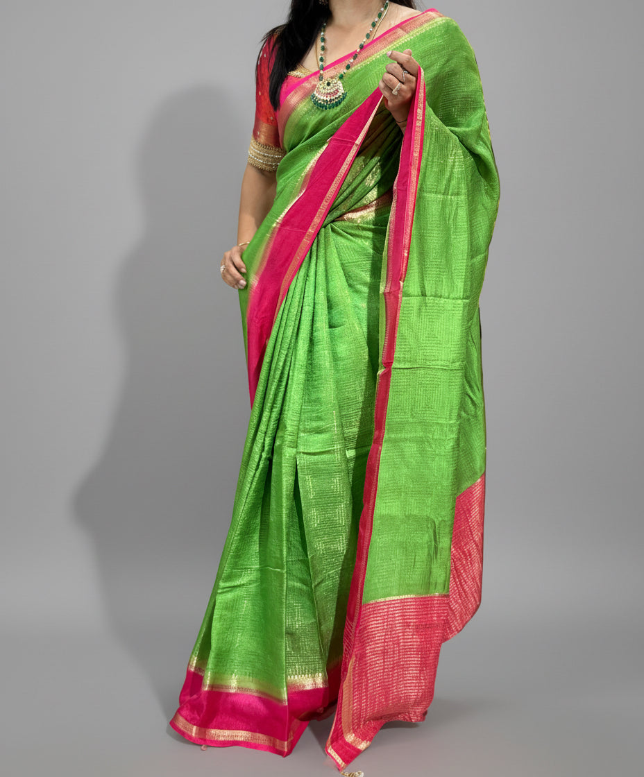Parrot green n pink dola silk saree