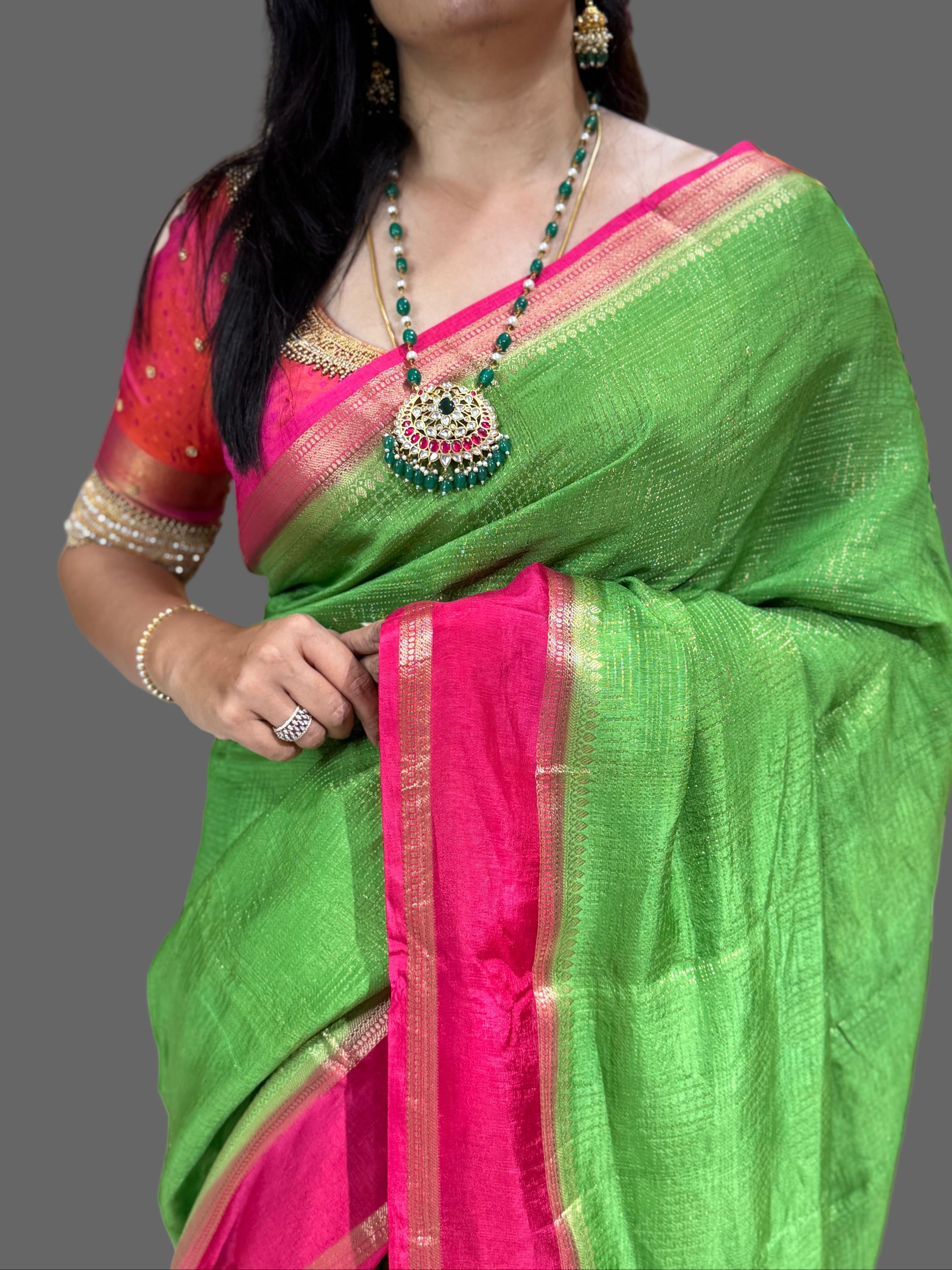 Parrot green n pink dola silk saree