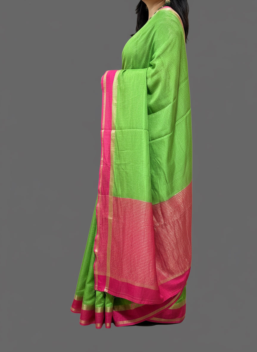 Parrot green n pink dola silk saree