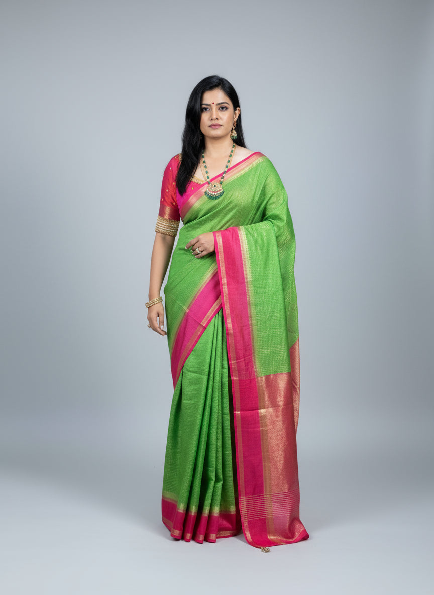 Parrot green n pink dola silk saree