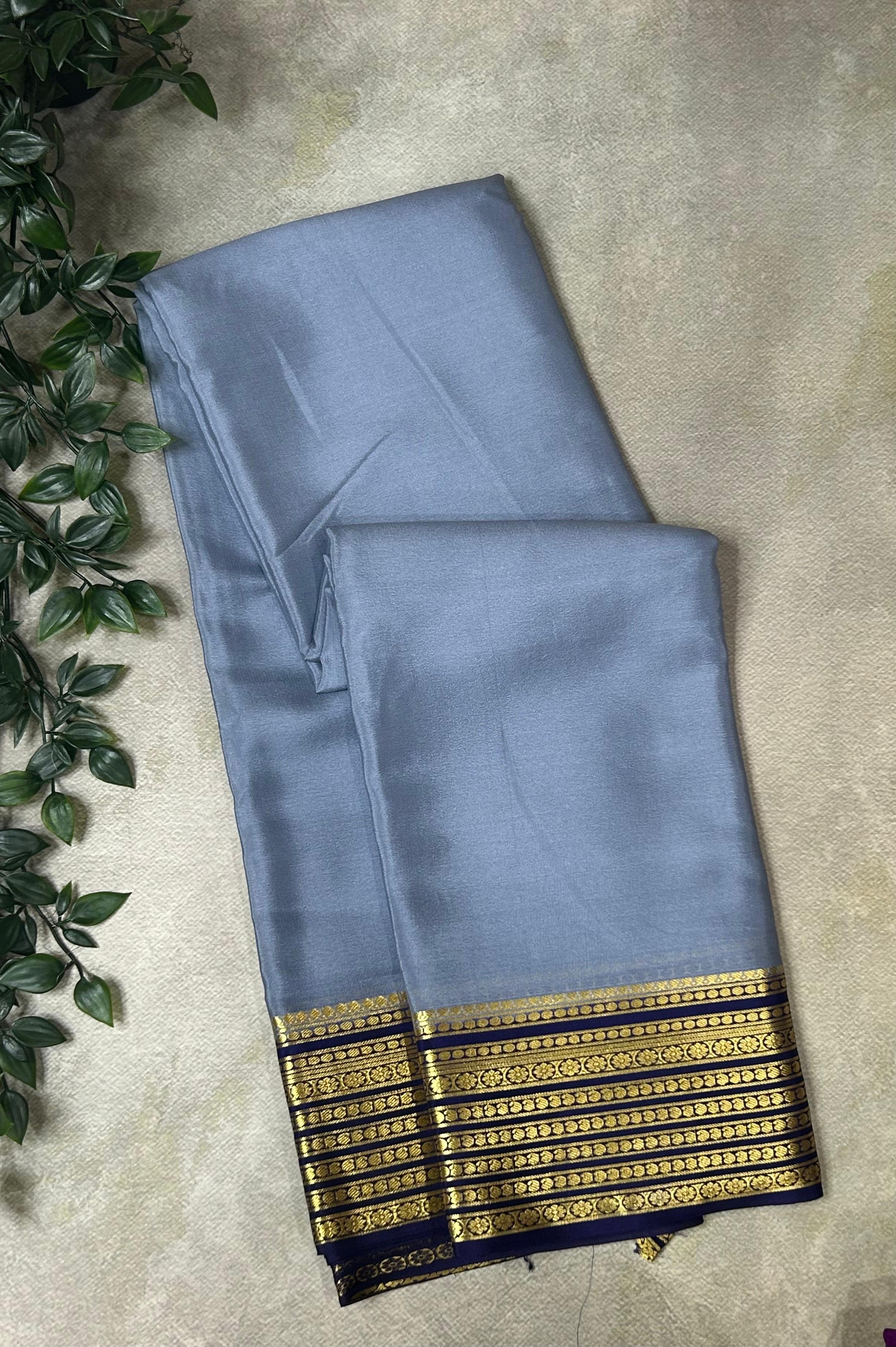 Grey stripes Lightweight Pure Mysore Crepe Silk Saree – Elegant Soft Drape(MSL)