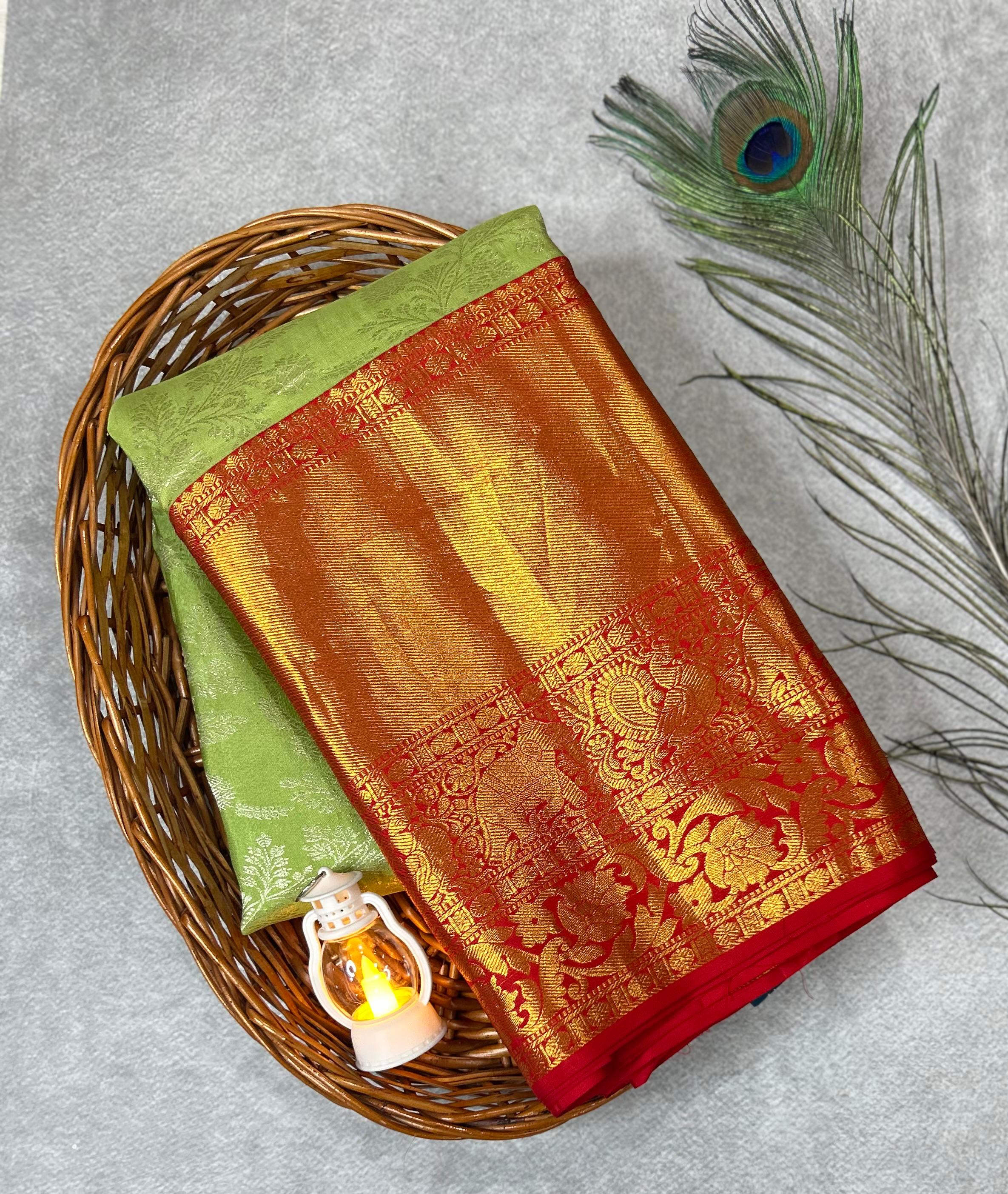 Light green n red vintage pure kanchipuram silk saree