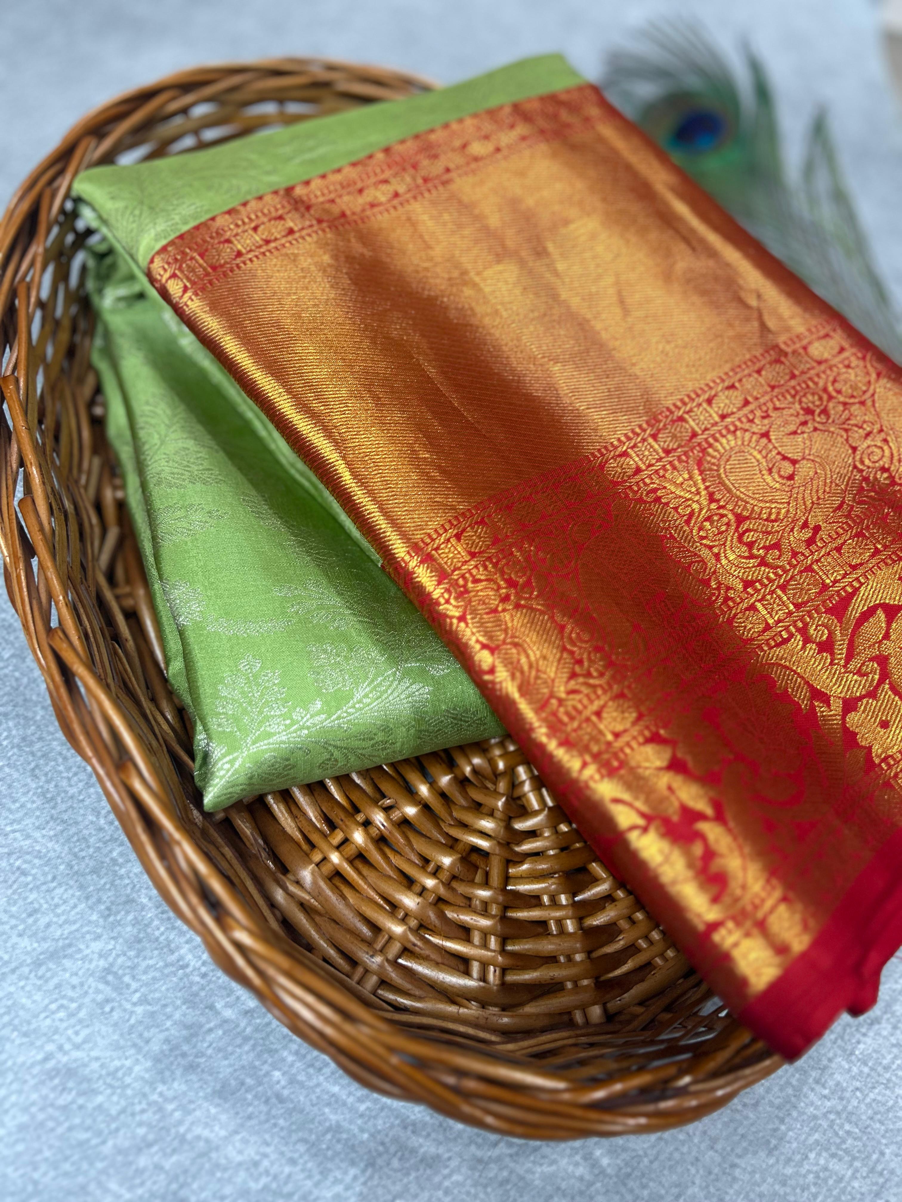 Light green n red vintage pure kanchipuram silk saree