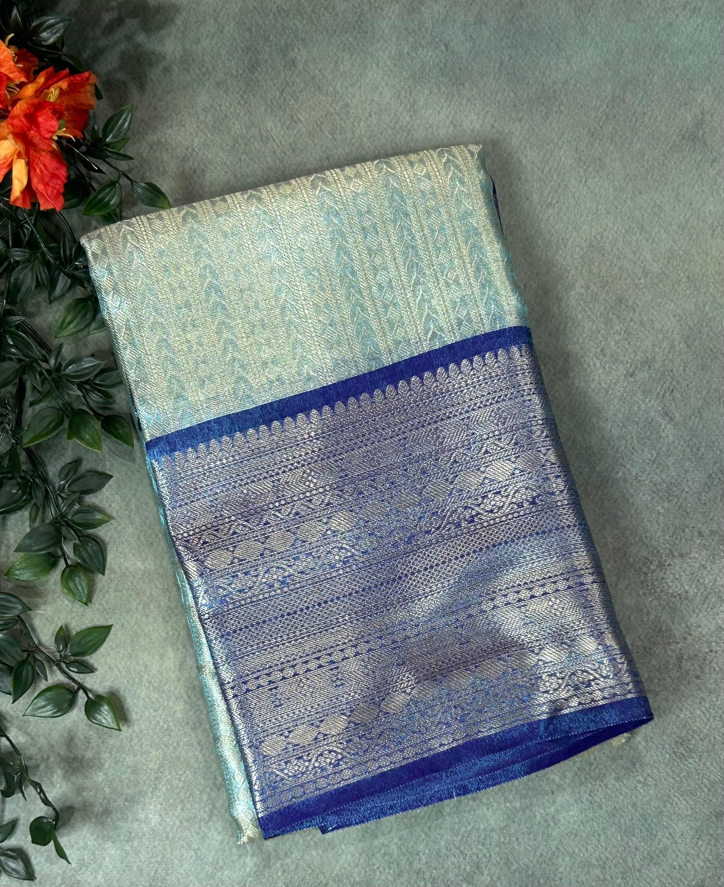 Pastel green banrasi tissue-10 with rich pallu saree