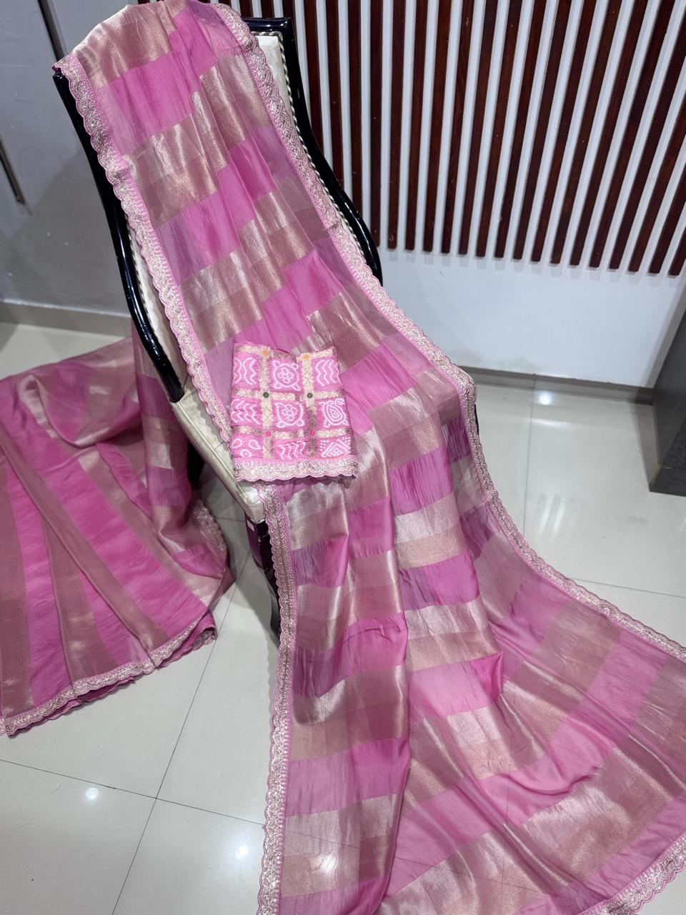 Pink sabyasachi stripes with bandhini design blouse saree