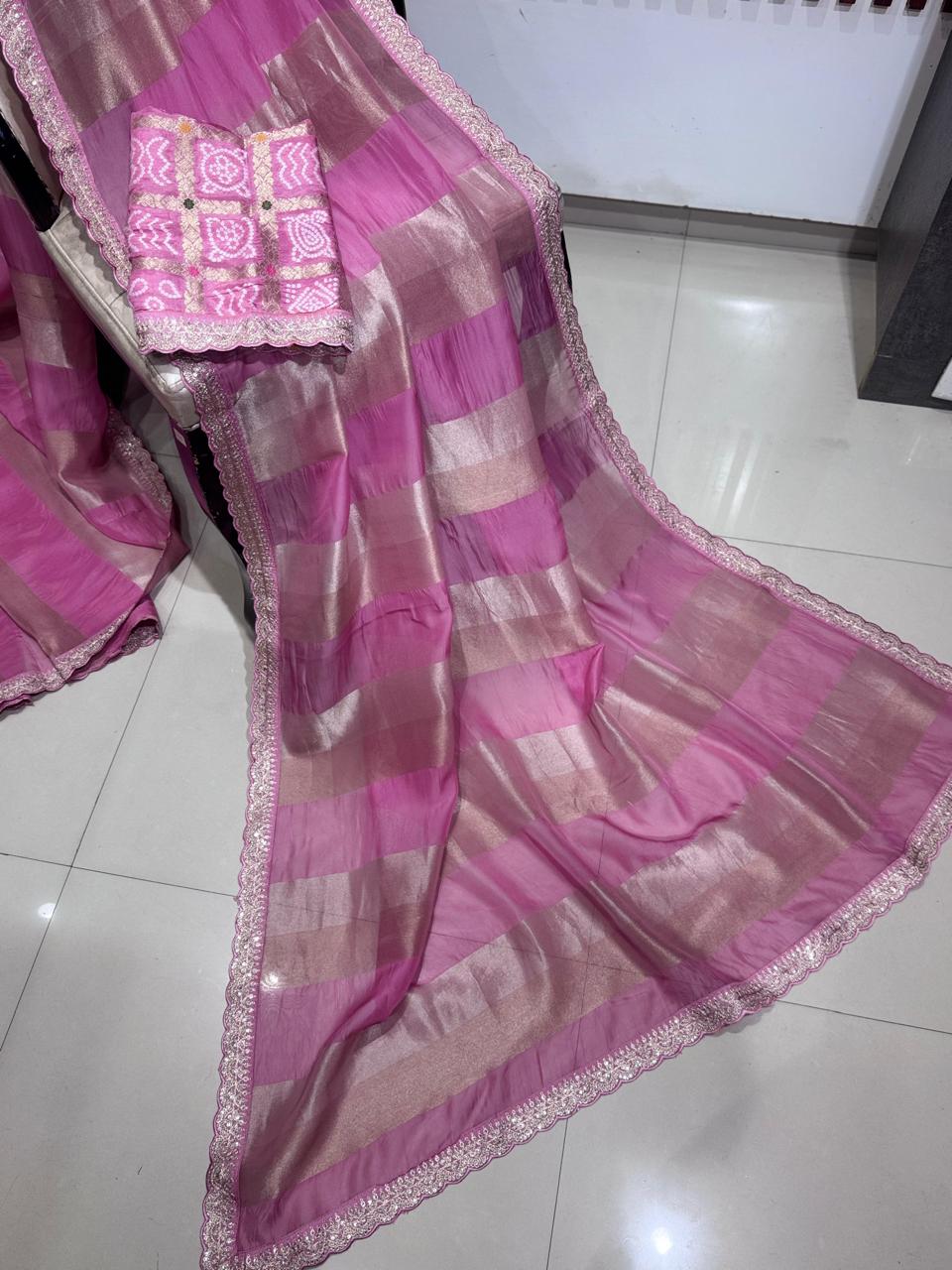 Pink sabyasachi stripes with bandhini design blouse saree