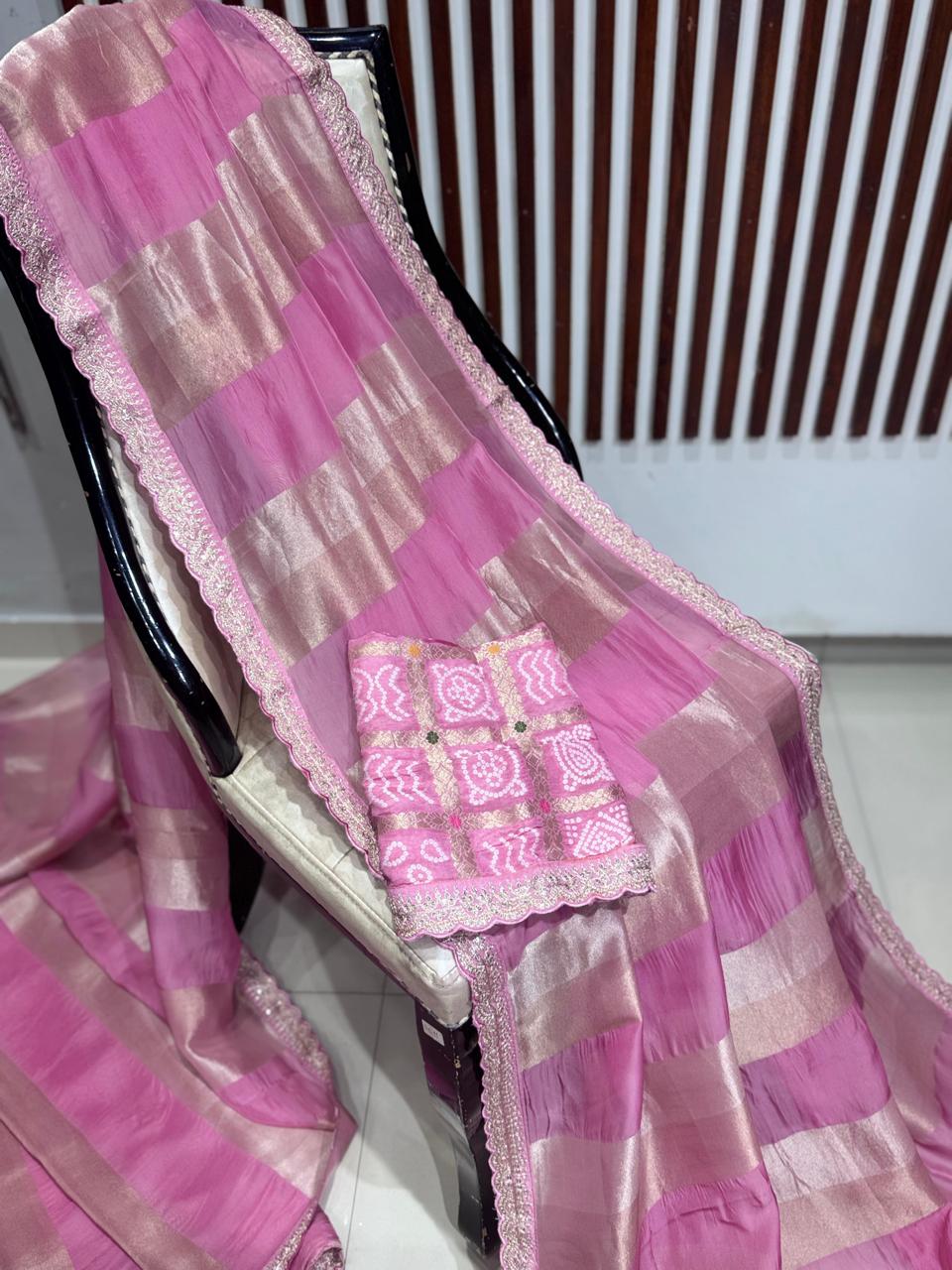 Pink sabyasachi stripes with bandhini design blouse saree