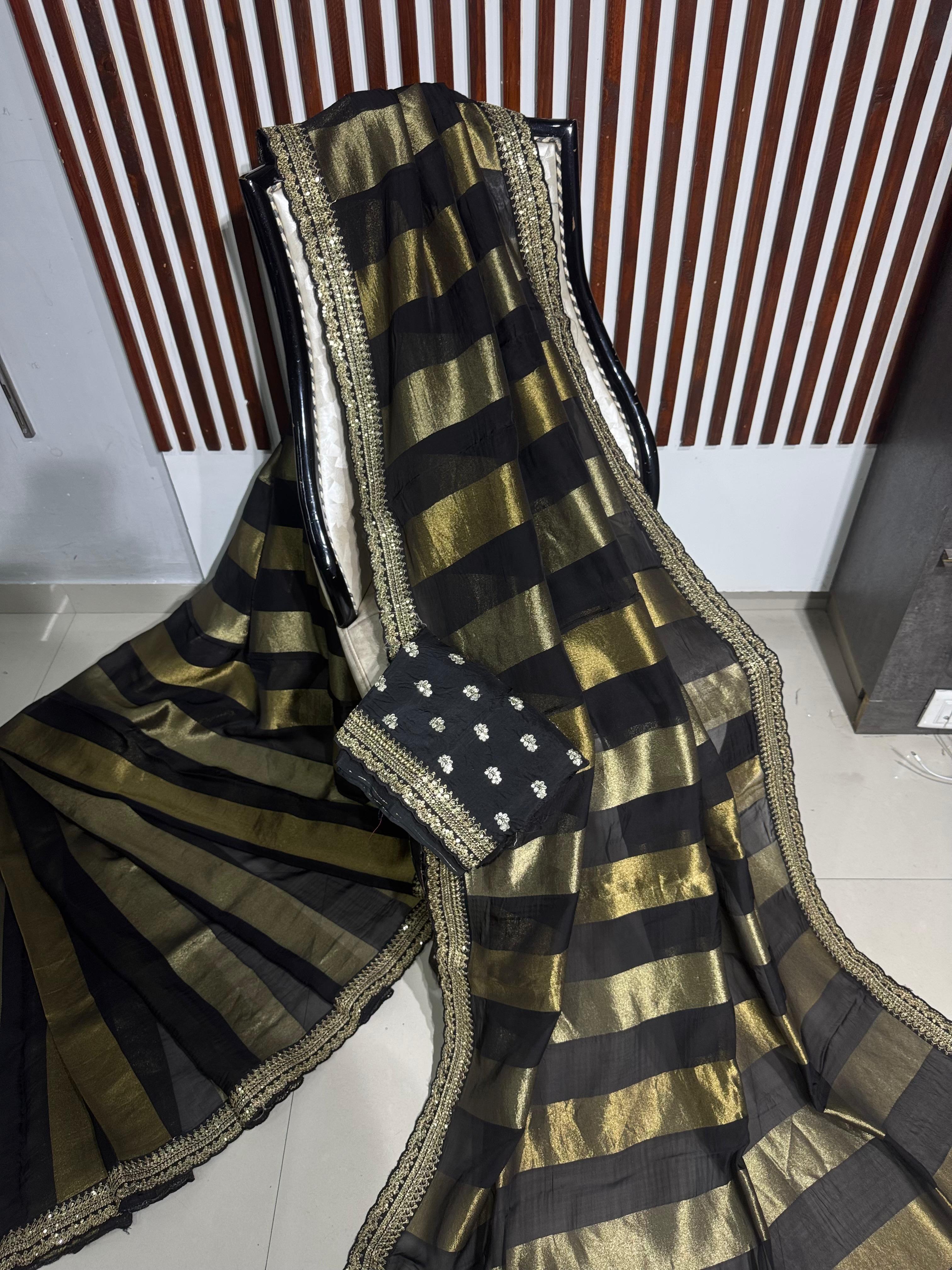 Black sabyasachi stripes with bandhini design blouse saree