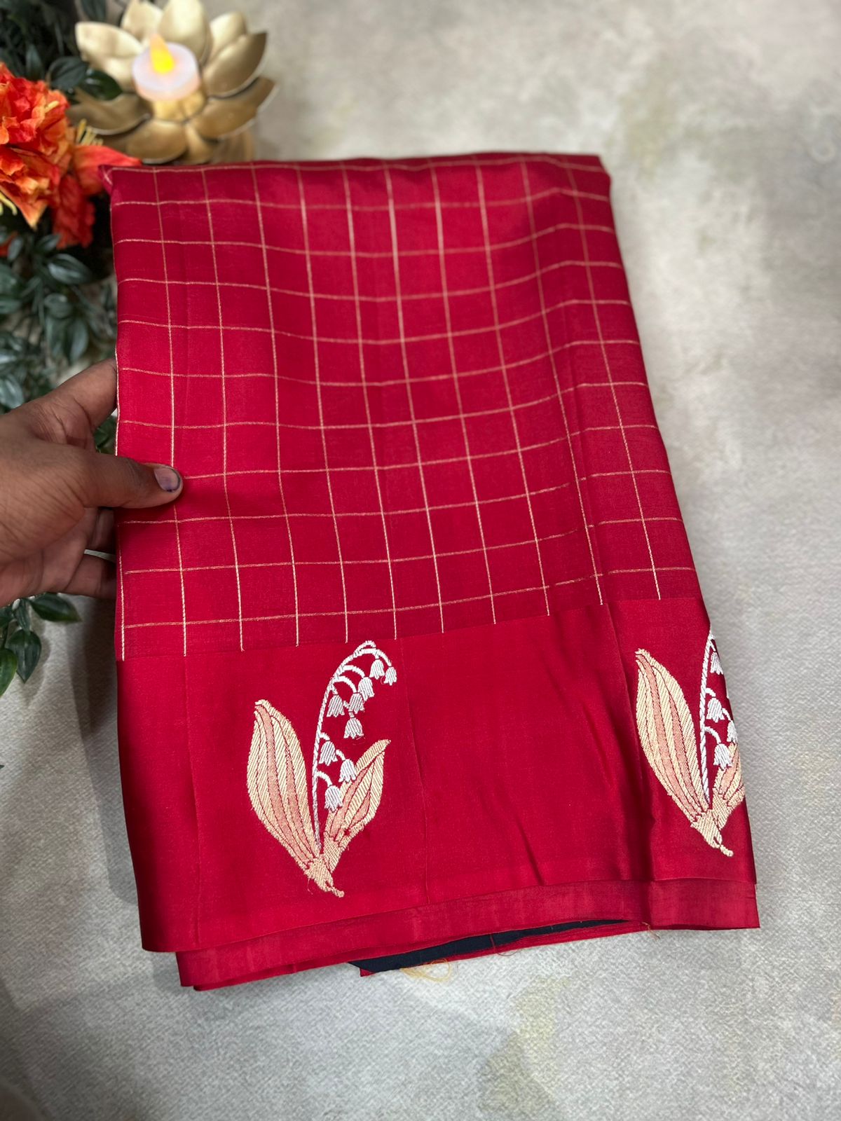 Red checks Pure Benaras light weight silk saree