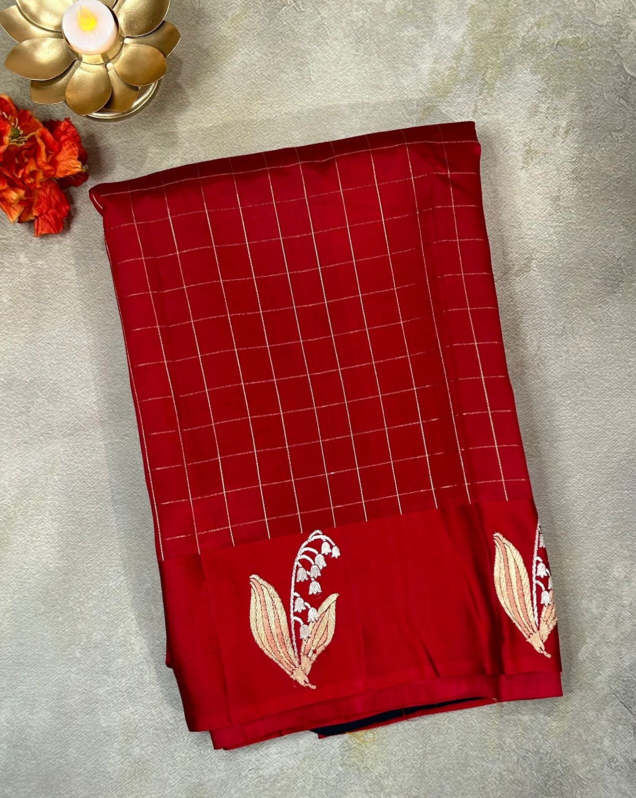 Red checks Pure Benaras light weight silk saree