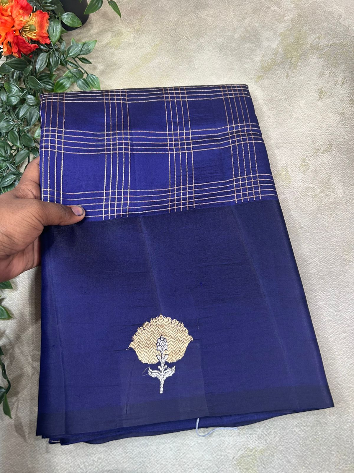 Blue checks Pure Benaras light weight silk saree
