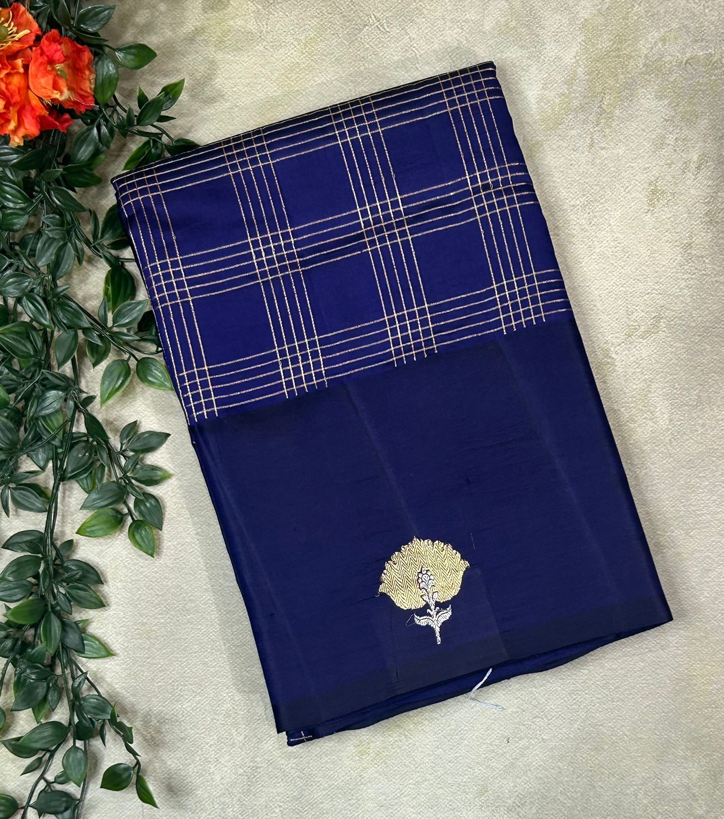 Blue checks Pure Benaras light weight silk saree