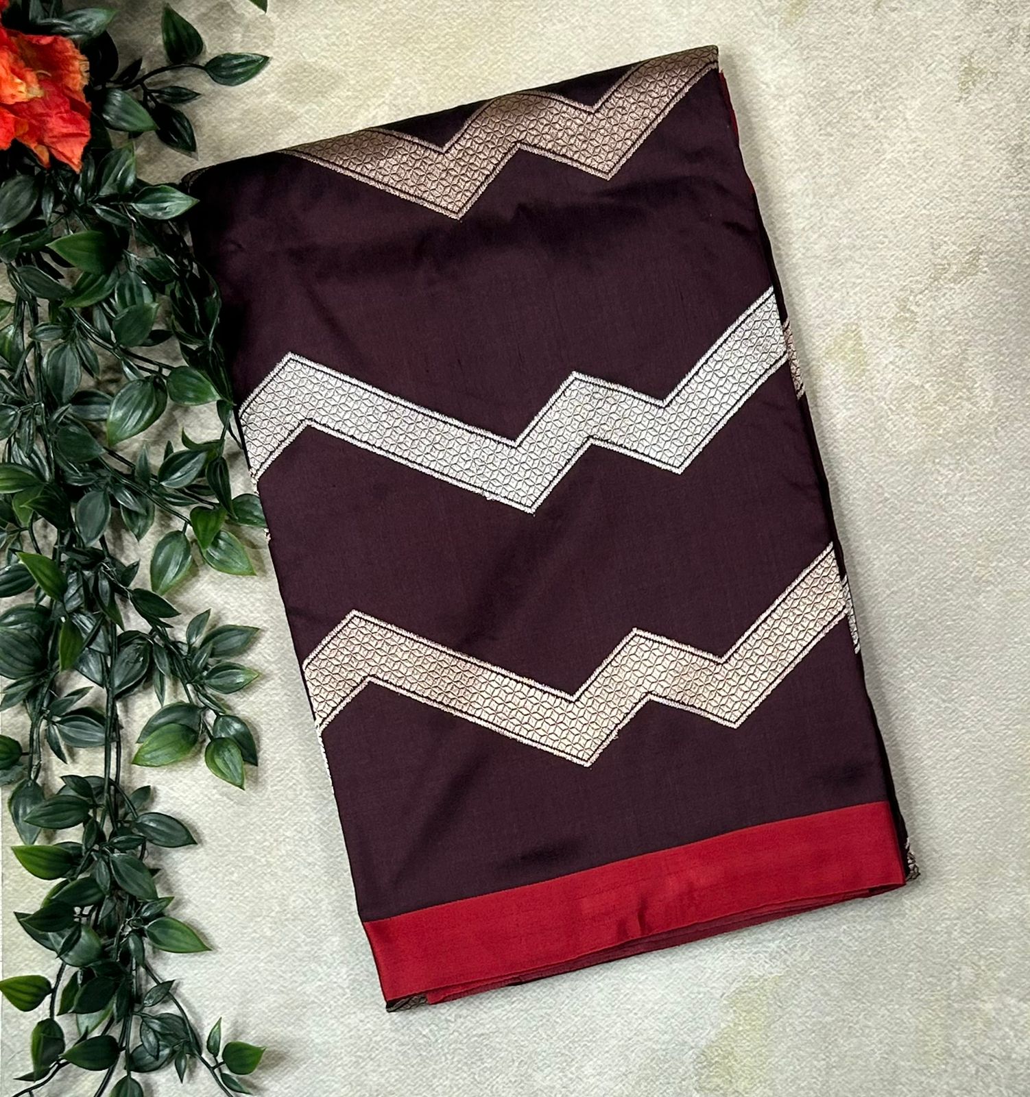 Dark brown zig zag design pure kathan silk-10 saree