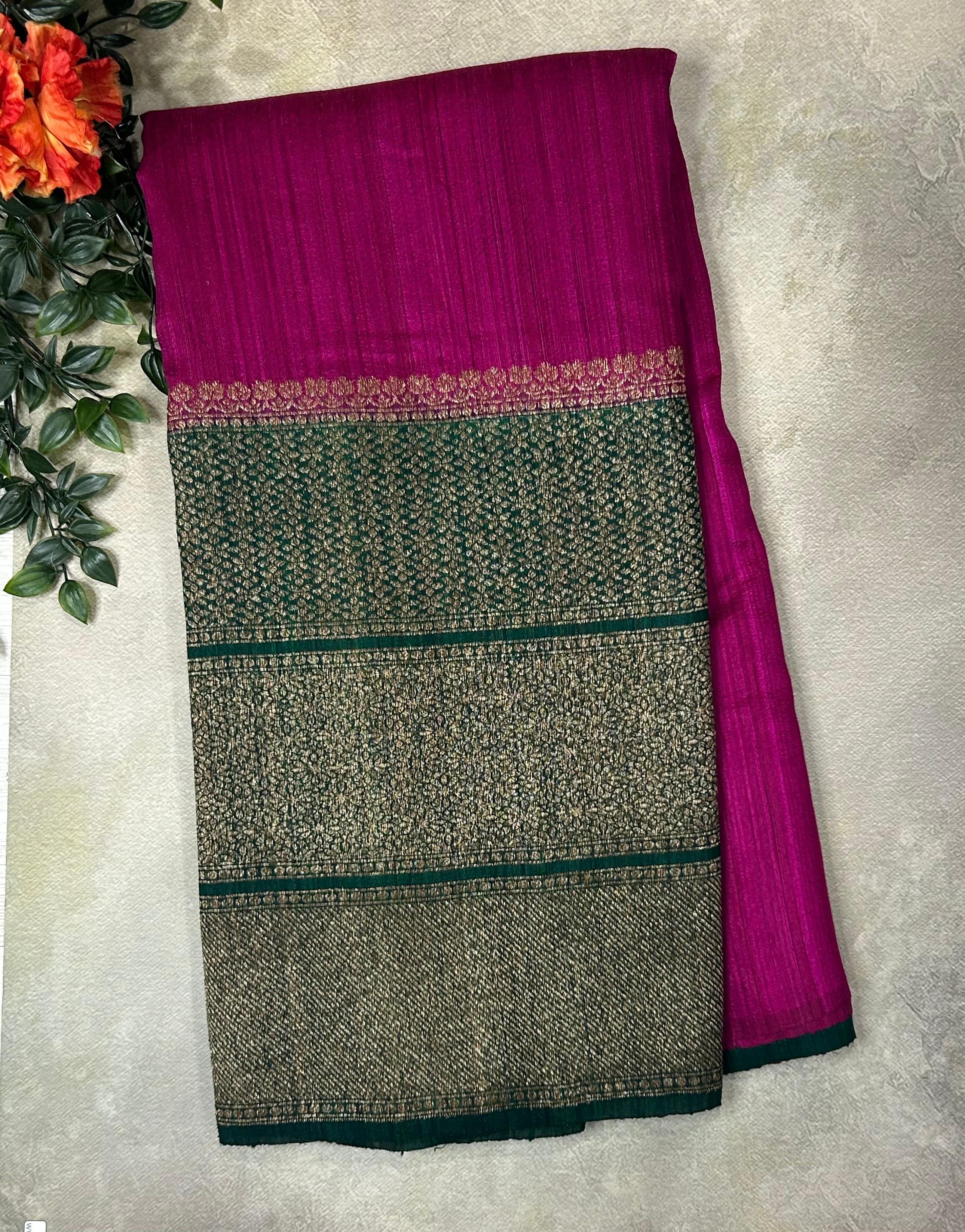 Half n half plain n brocade pure handloom  tussar silk-10 saree
