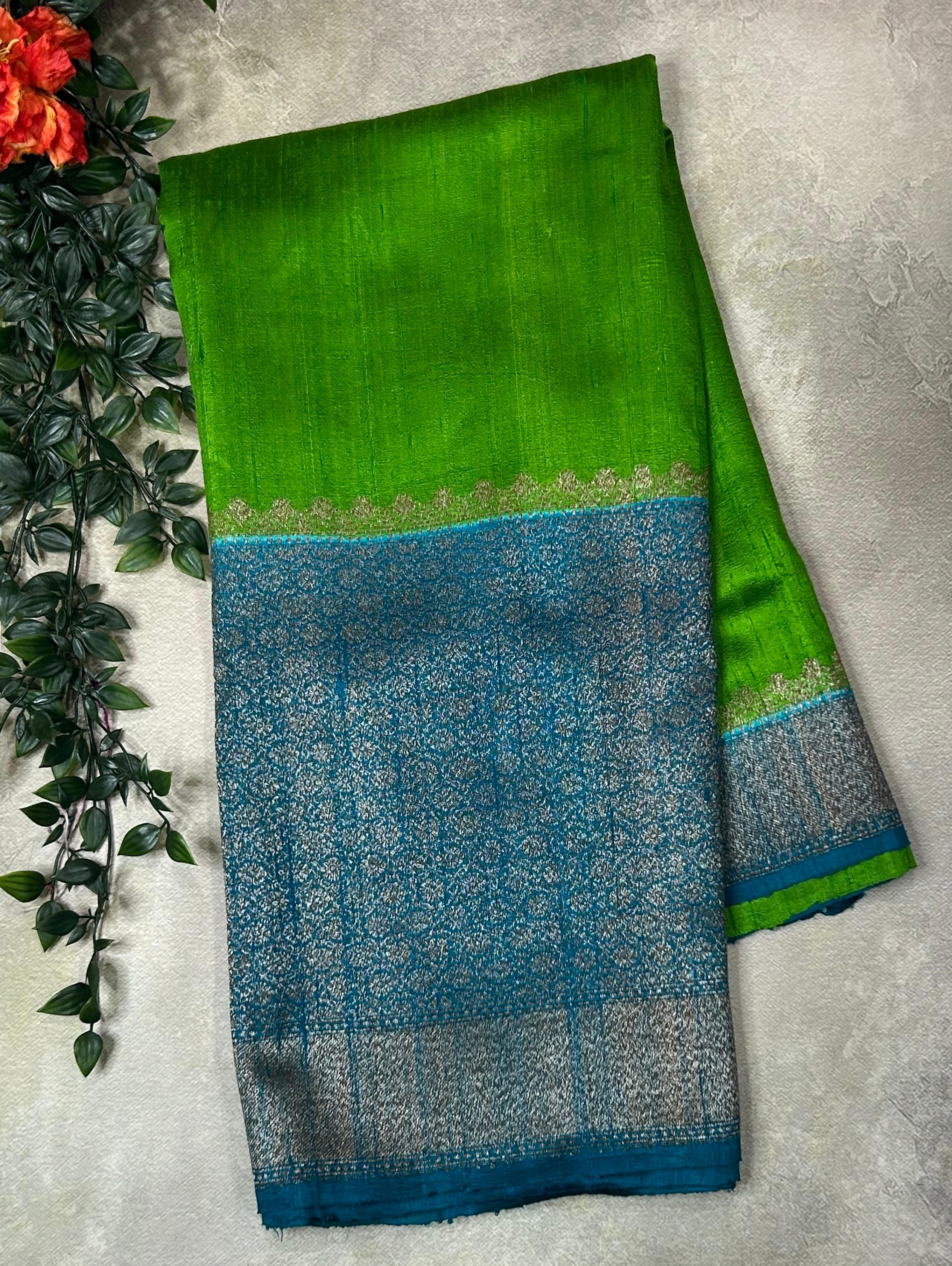Half n half plain n brocade pure handloom  tussar silk-10 sareee