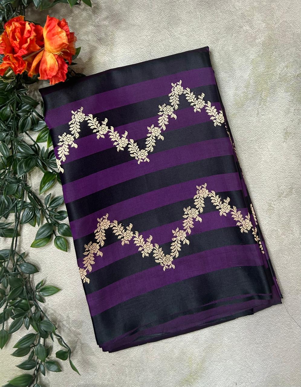 Purple n black stripes satin lightweight banarasi-10 silk saree